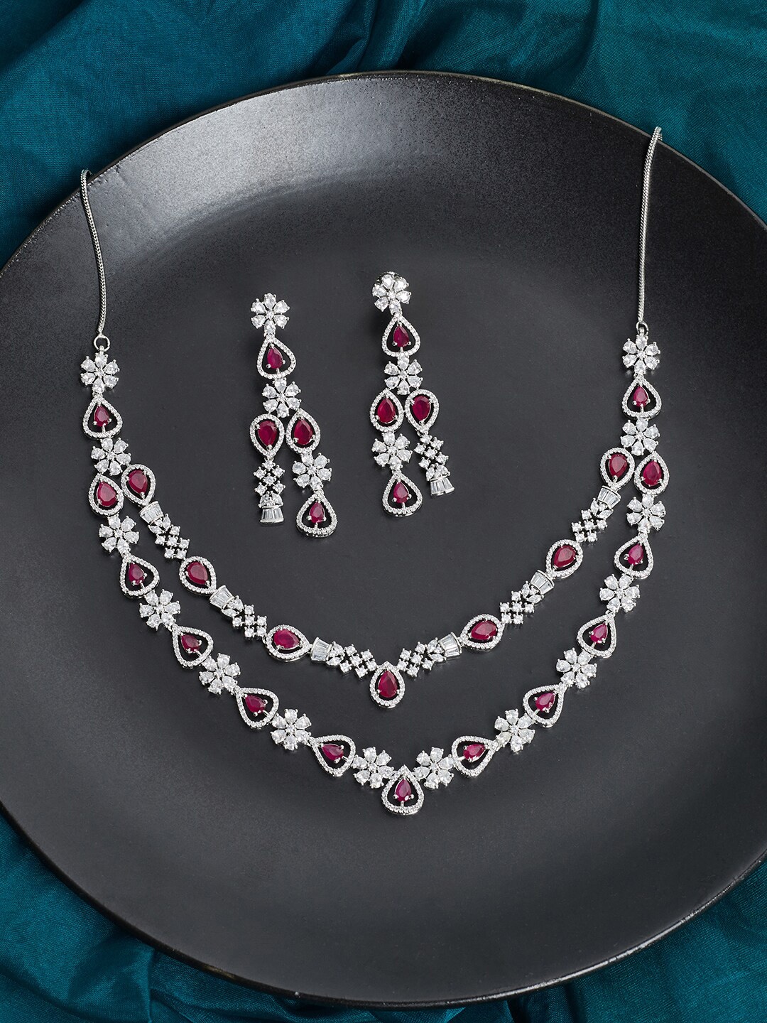 

Voylla Rhodium-Plated Pink CZ Studded Layered Jewellery Set