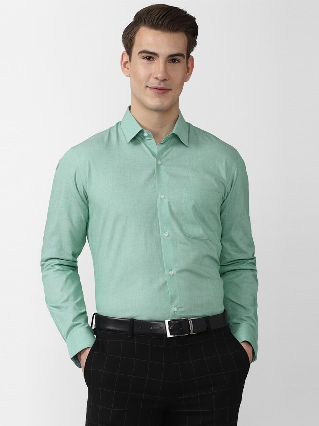 Peter England Men Green Regular Fit Solid Cotton Formal Shirt