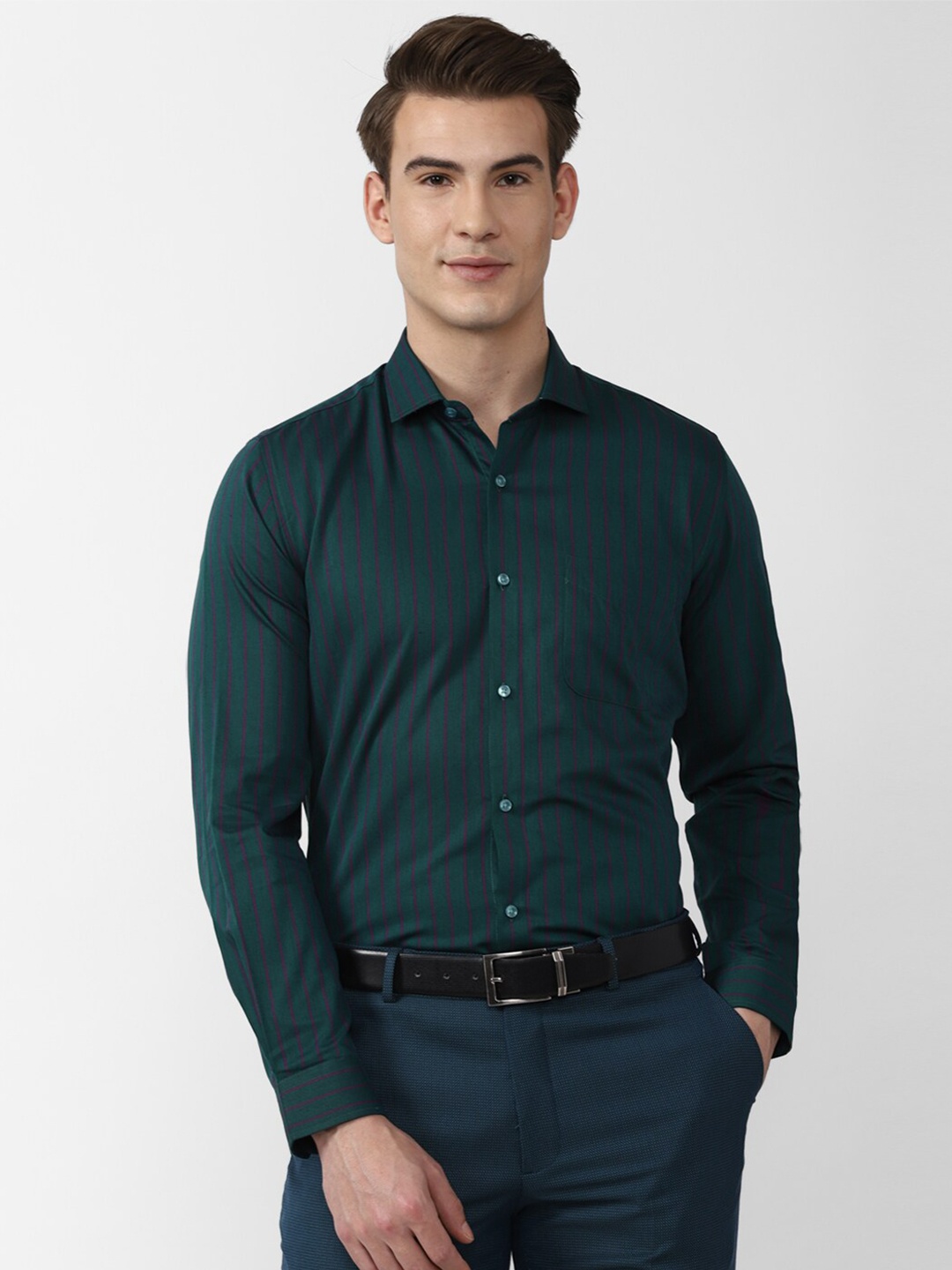 

Peter England Men Green Slim Fit Striped Formal Shirt