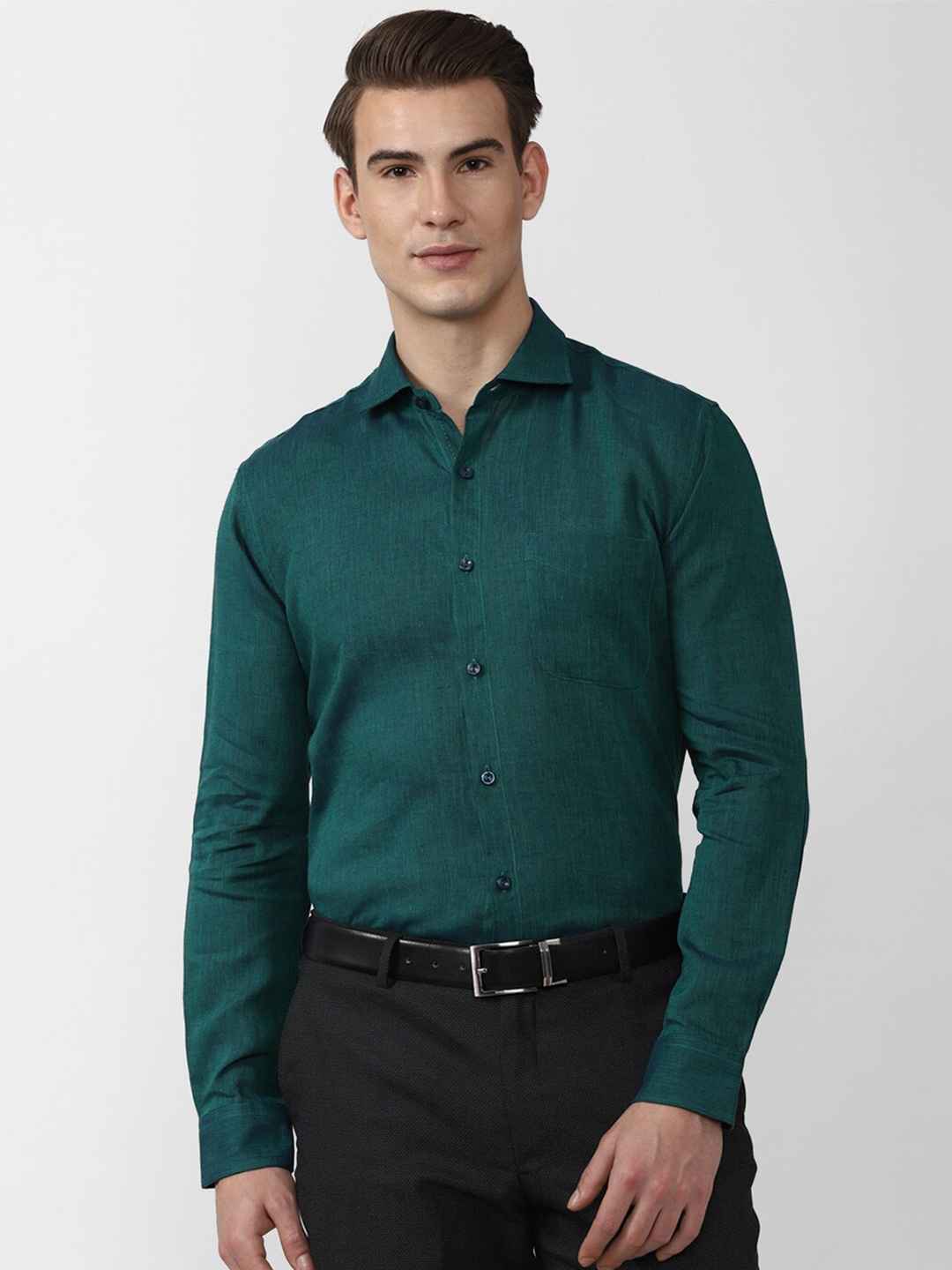 Peter England Elite Men Green Textured Formal Shirt