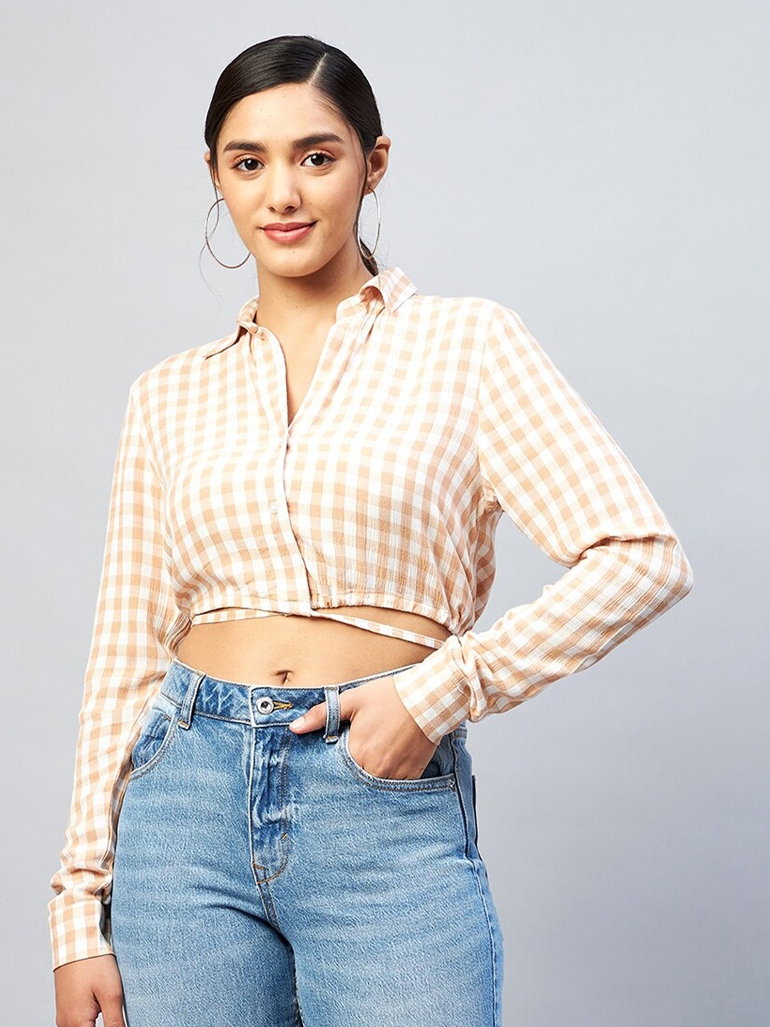 

DELAN Women Beige and Beige Classic Slim Fit Gingham Checks Checked Casual Shirt