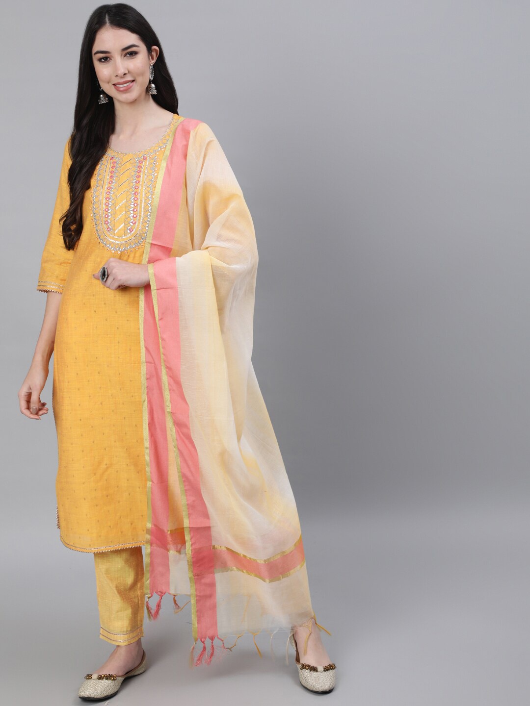 

Jaipur Kurti Women Yellow Embroidered Chanderi Silk Kurta with Palazzos & Dupatta