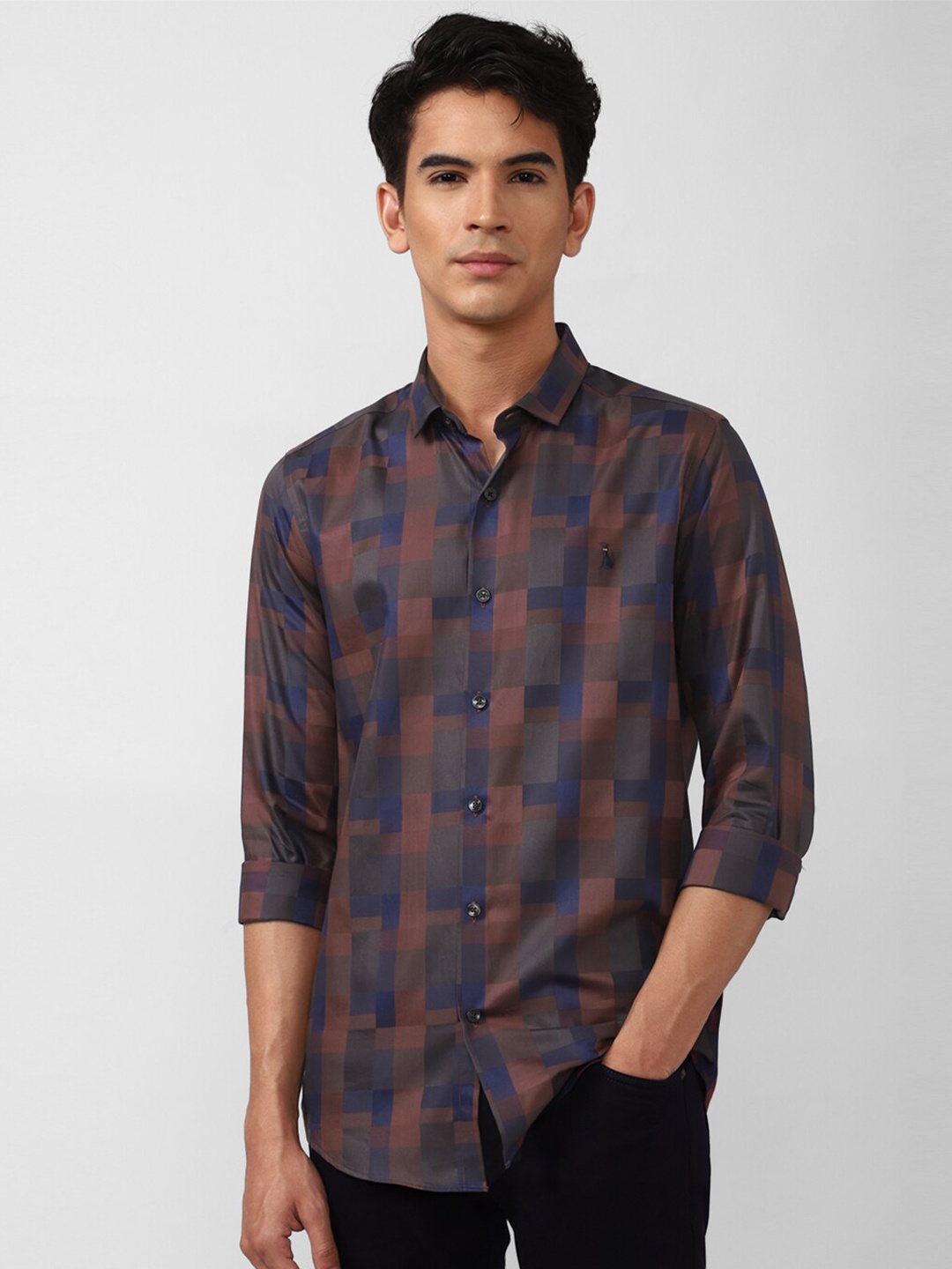 

SIMON CARTER LONDON Men Blue & Rust Slim Fit Checked Casual Shirt