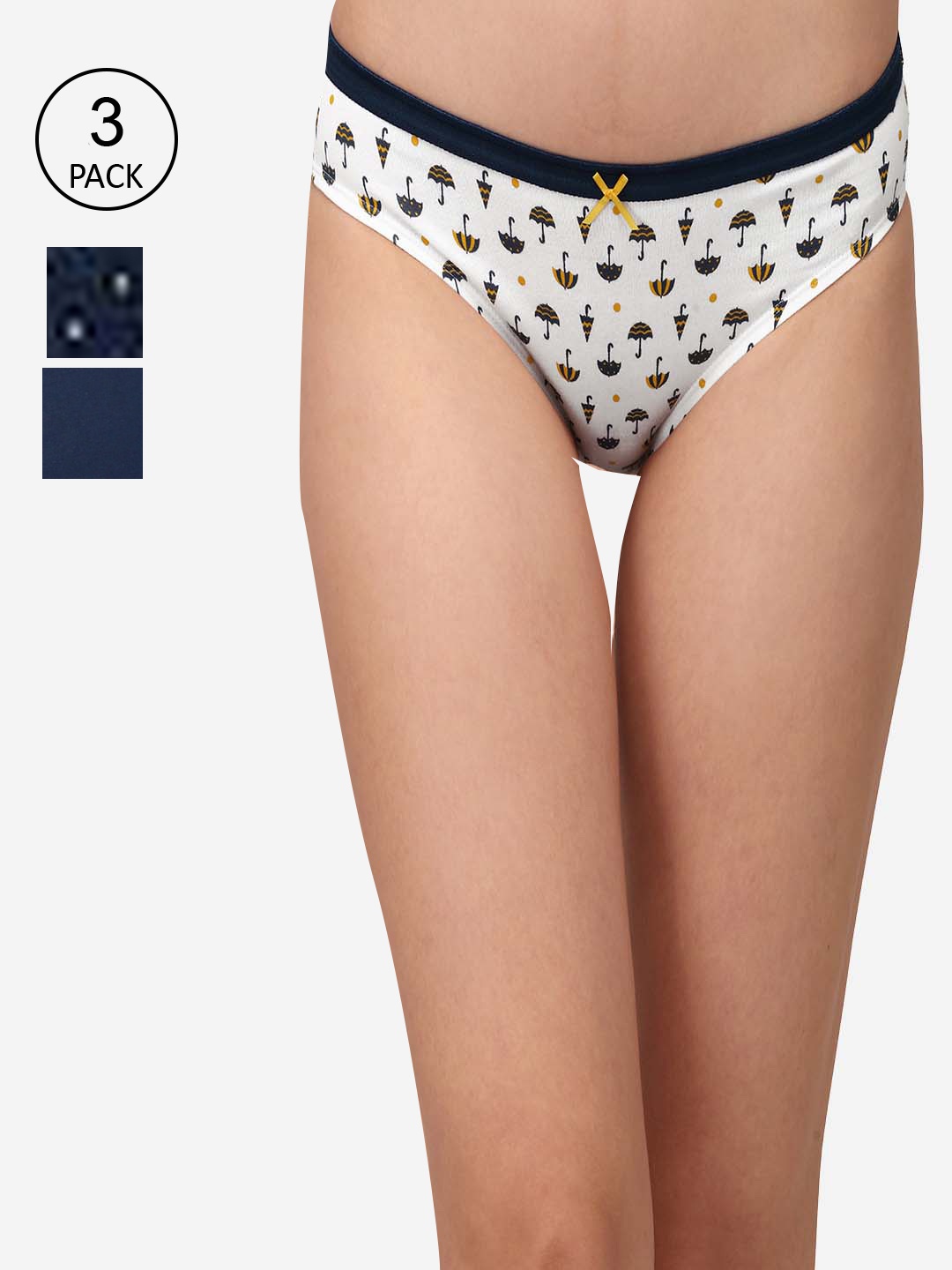 

SOIE (Pack of 3) Mid Rise Medium Coverage Solid and Printed Cotton Stretch Brief, Navy blue