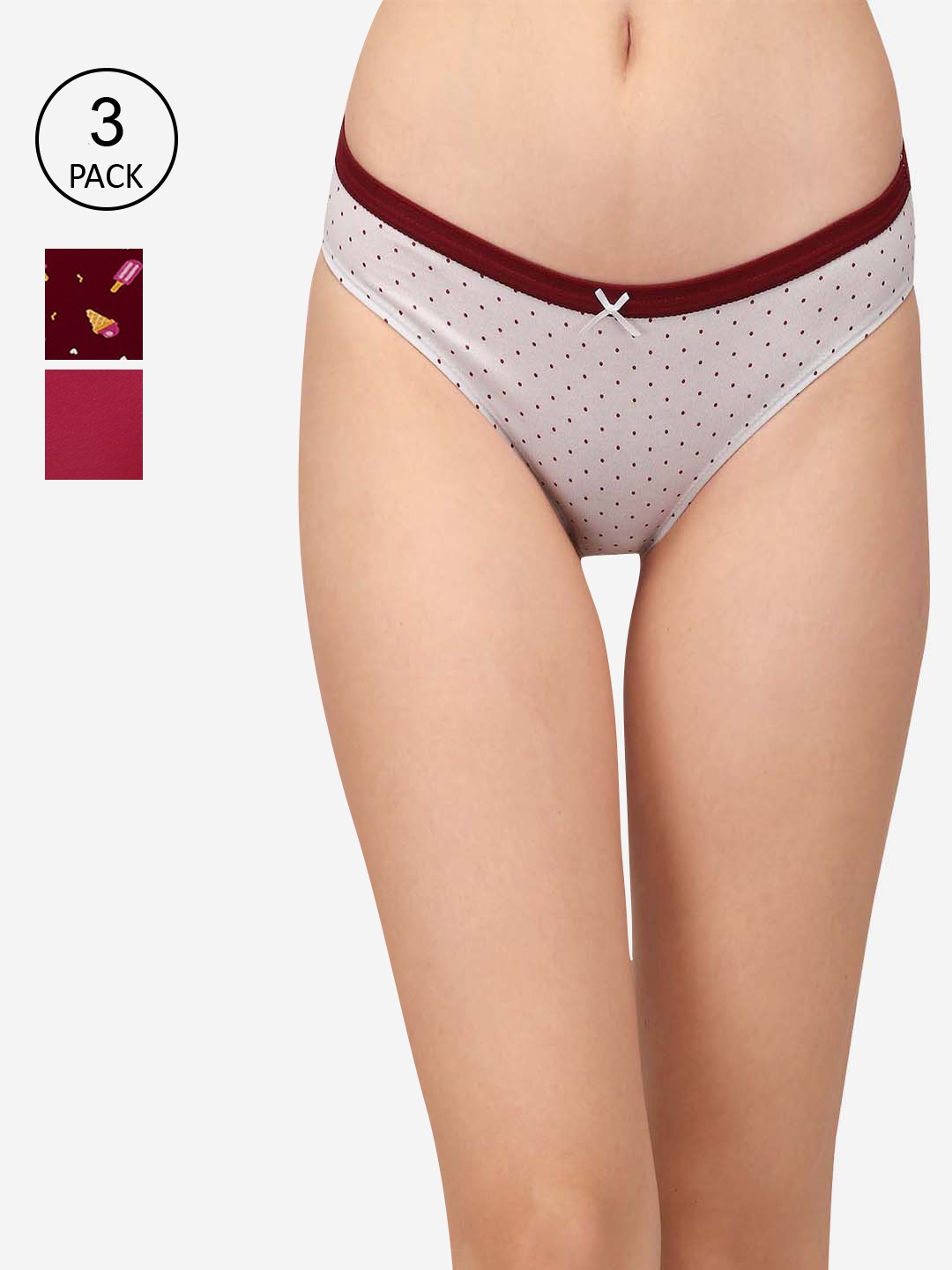 

SOIE (Pack of 3) Mid Rise Medium Coverage Solid and Printed Cotton Stretch Brief, Pink