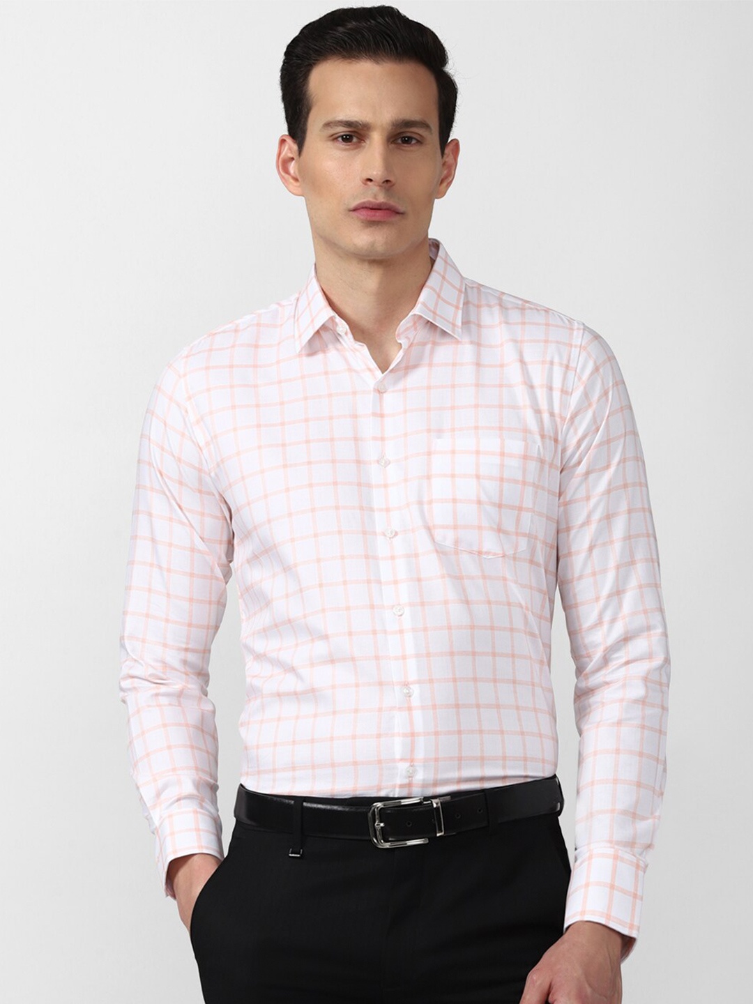 

Van Heusen Men Cream-Coloured Slim Fit Checked Formal Shirt