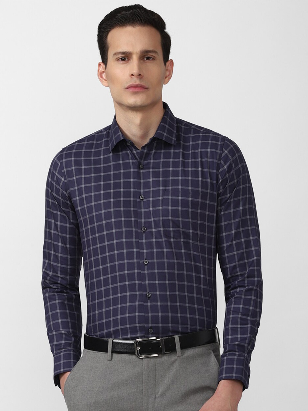 

Van Heusen Men Navy Blue Slim Fit Grid Tattersall Checked Formal Shirt
