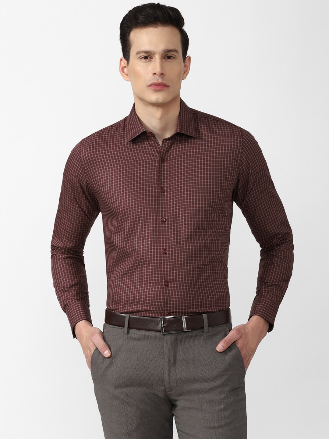 

Van Heusen Men Brown Slim Fit Grid Tattersall Checks Printed Cotton Formal Shirt