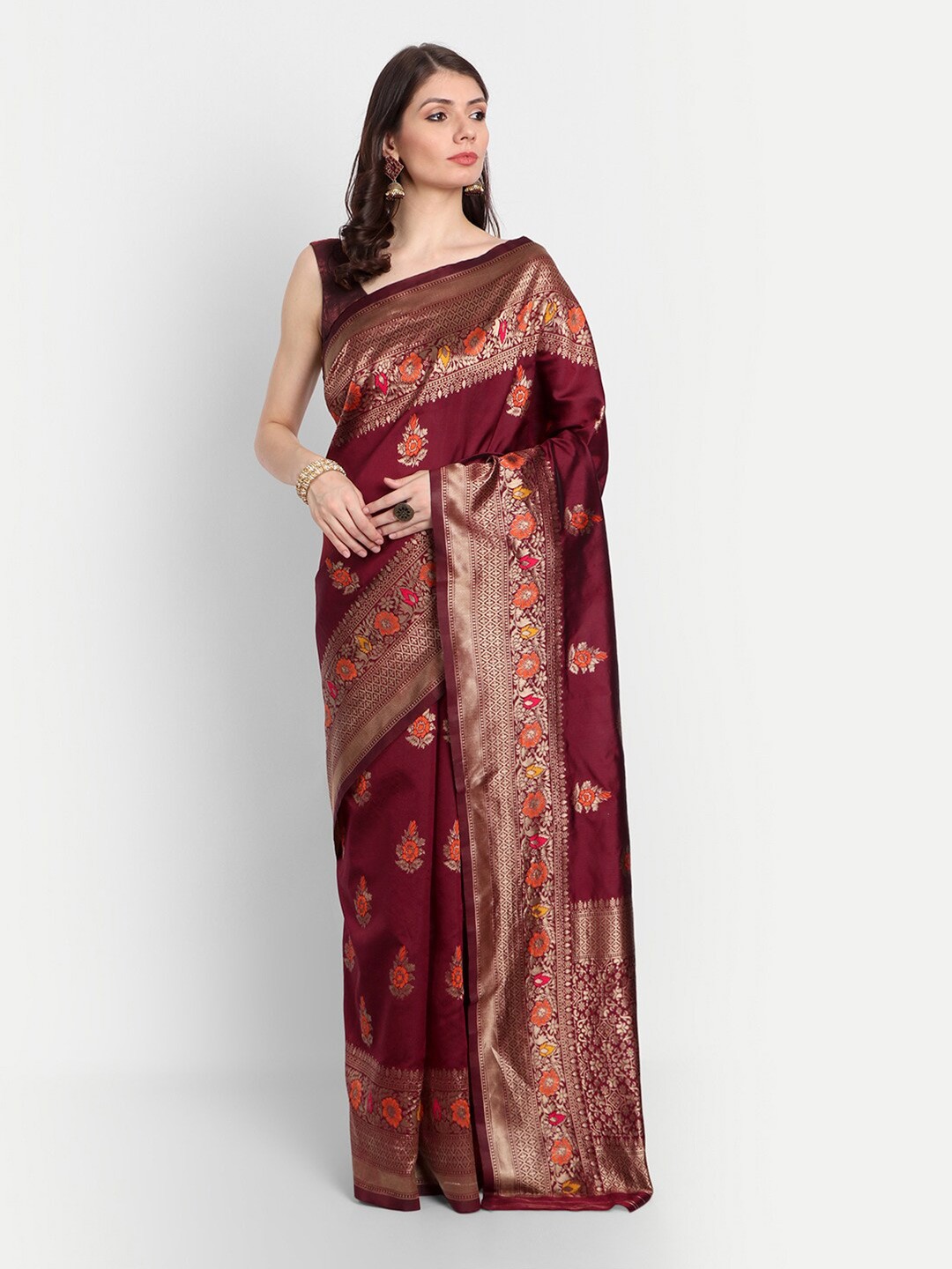

kasee Women Maroon & Gold-Toned Woven Design Embroidered Silk Blend Saree