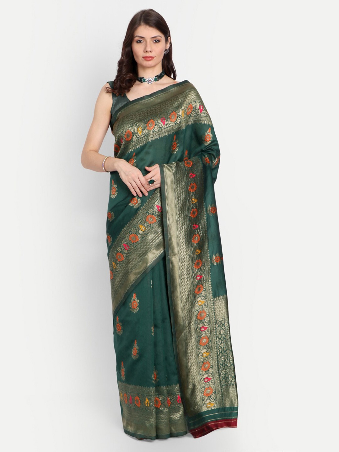 

kasee Women Green & Gold-Toned Woven Design Silk Blend Saree