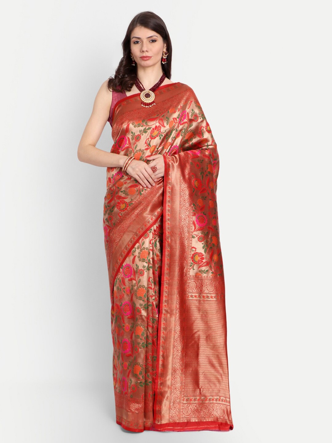 

kasee Red & Pink Zari Silk Blend Jacquard Saree