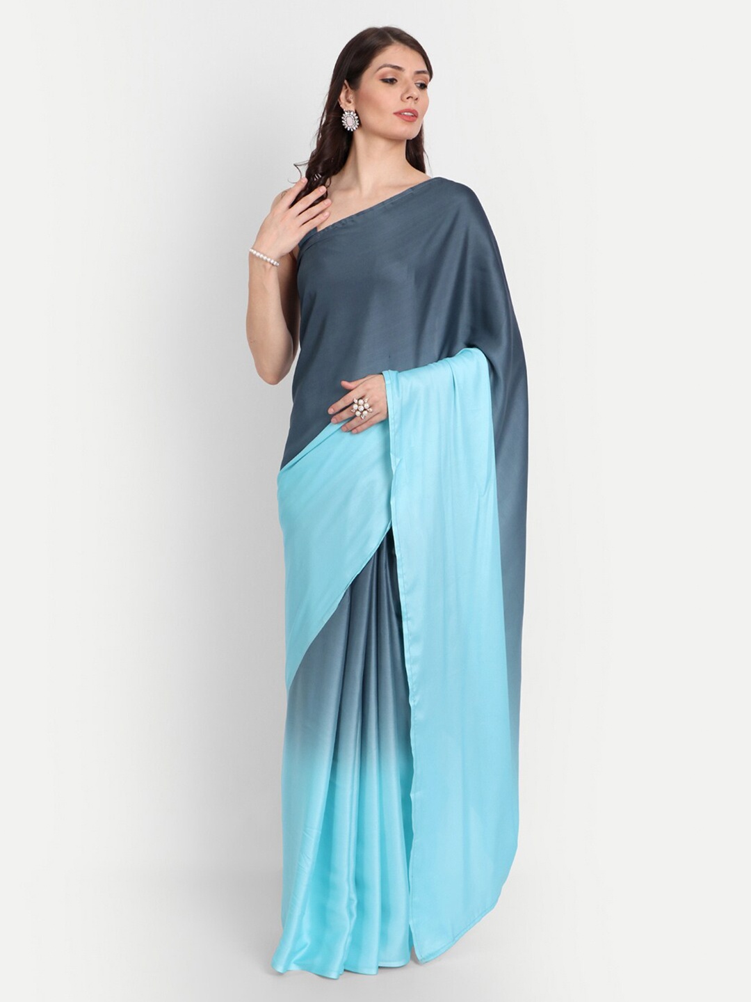 

kasee Blue & Grey Ombre Satin Saree