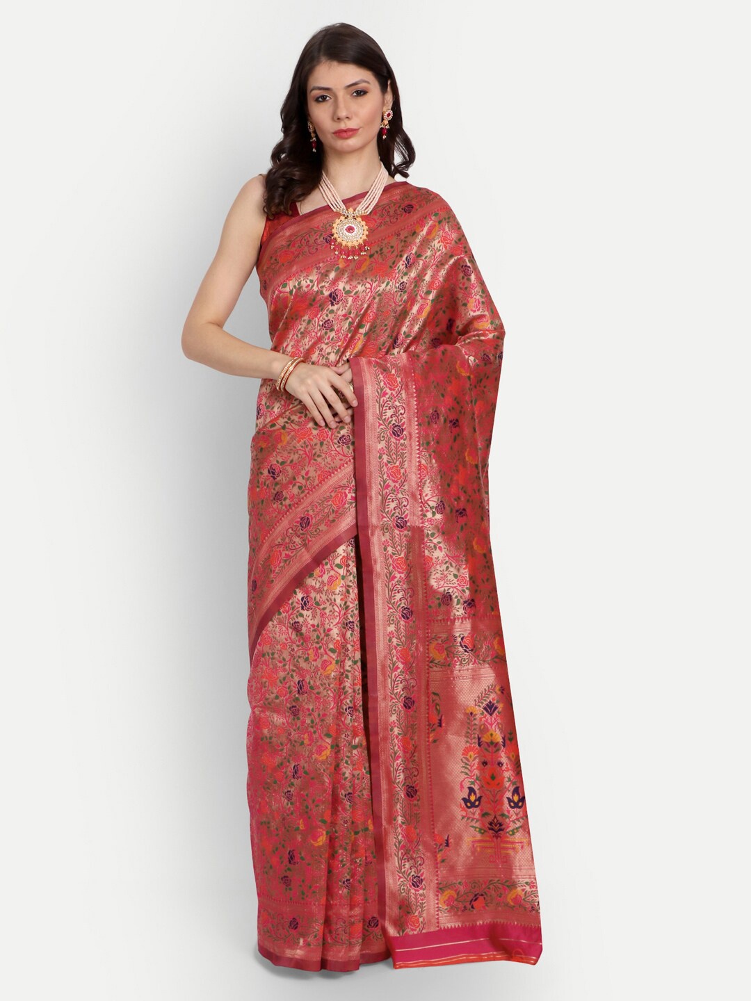 

kasee Pink & Gold-Toned Woven Design Zari Silk Blend Saree