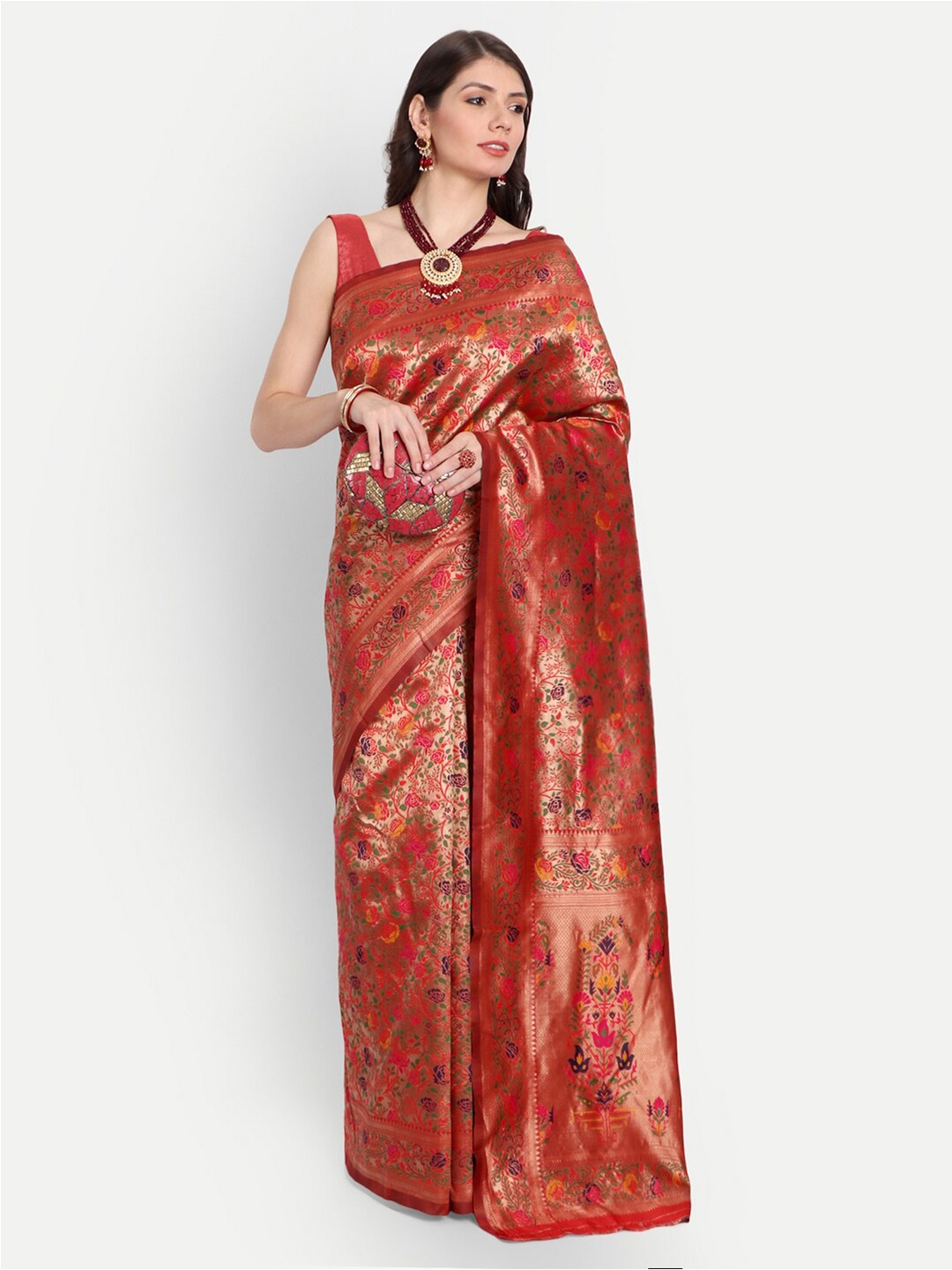 

kasee Peach-Coloured & Blue Woven Design Zari Silk Blend Saree