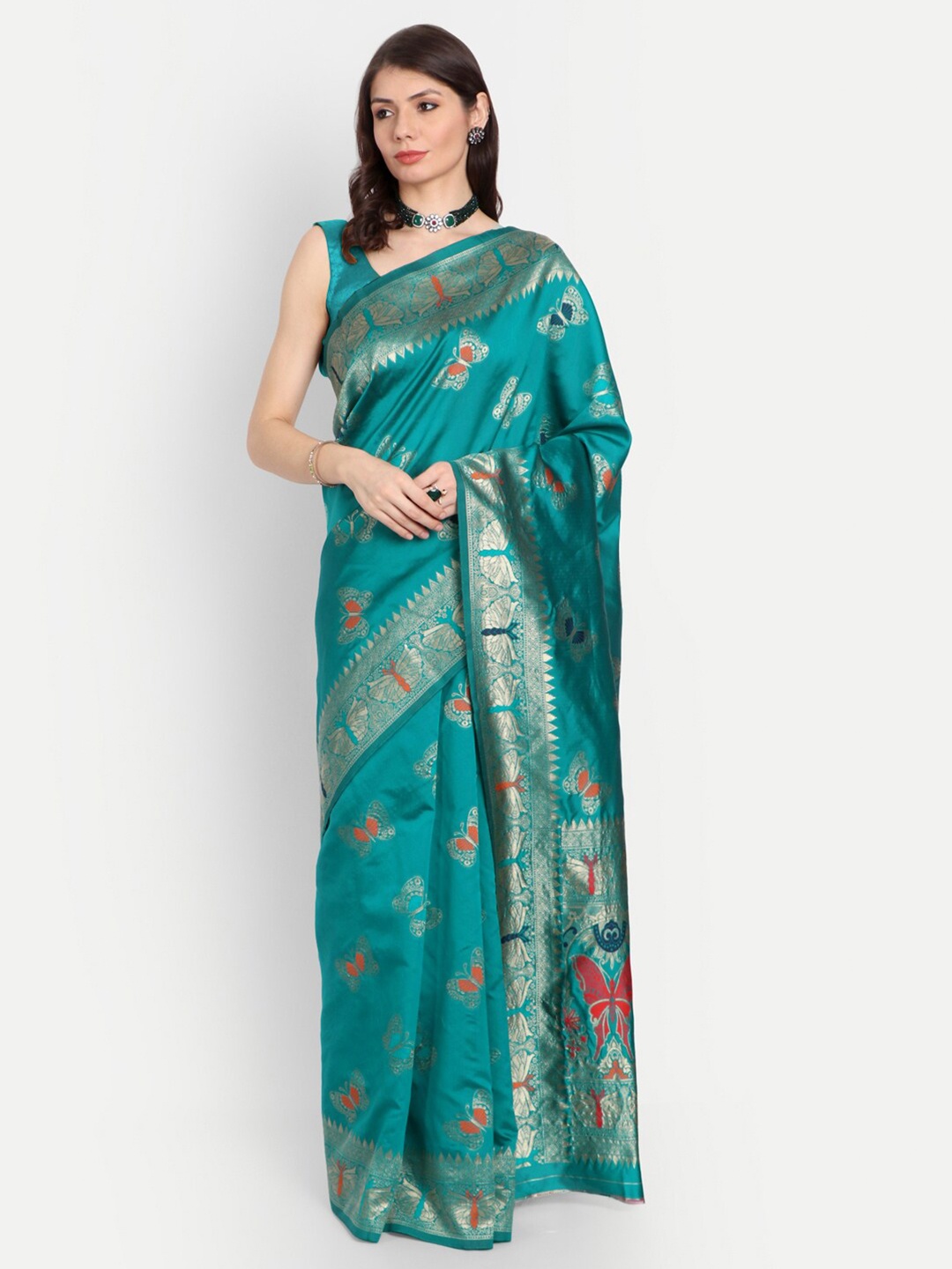 

kasee Teal Green & Gold-Toned Woven Design Zari Silk Blend Saree