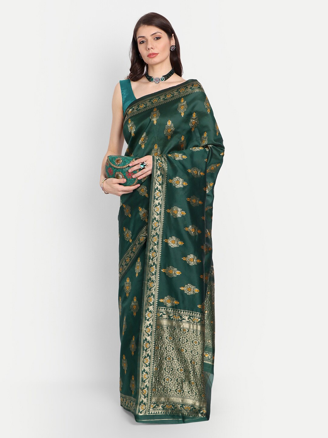 

kasee Green & Orange Ethnic Motifs Zari Silk Blend Saree