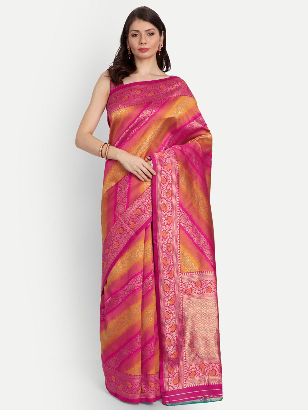 

kasee Women Pink & Gold-Toned Woven Design Zari Silk Blend Saree