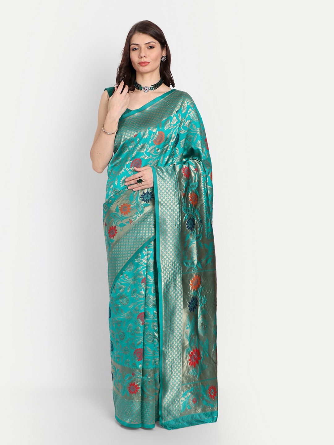 

kasee Teal & Pink Woven Design Zari Silk Blend Saree