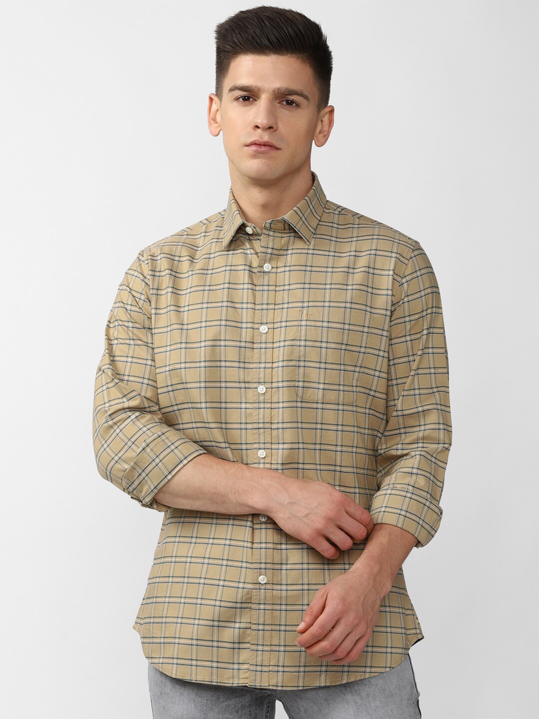

Van Heusen Sport Men Khaki Coloured Slim Fit Checked Casual Shirt