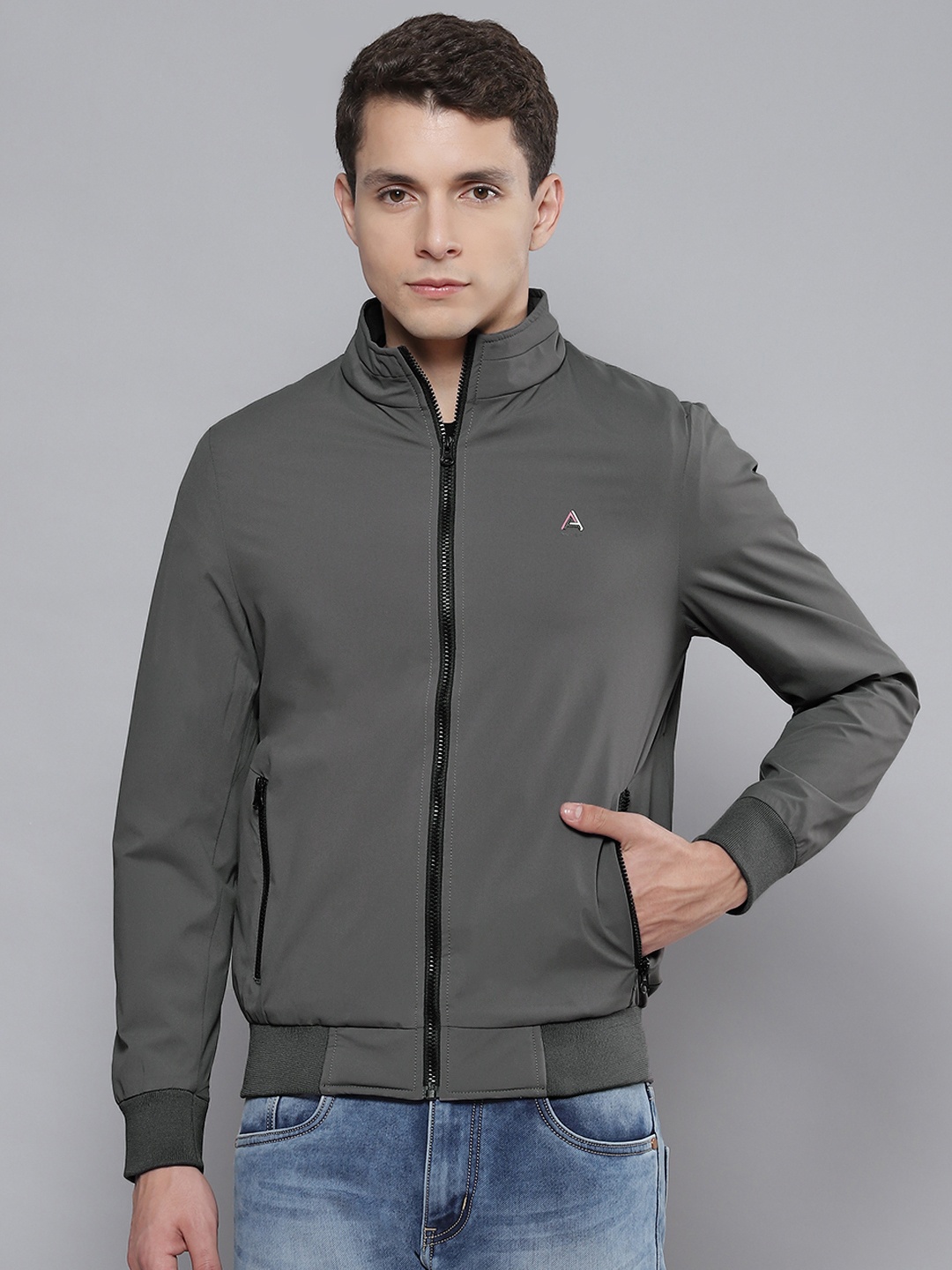 

Fort Collins Men Charcoal Grey Solid Bomber Jacket