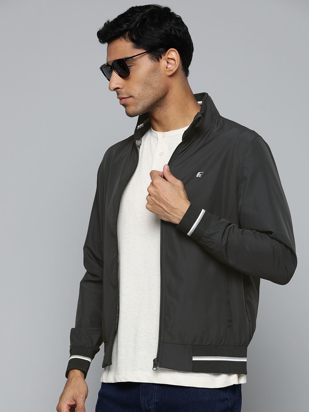 

Fort Collins Men Charcoal Grey Solid Bomber Jacket