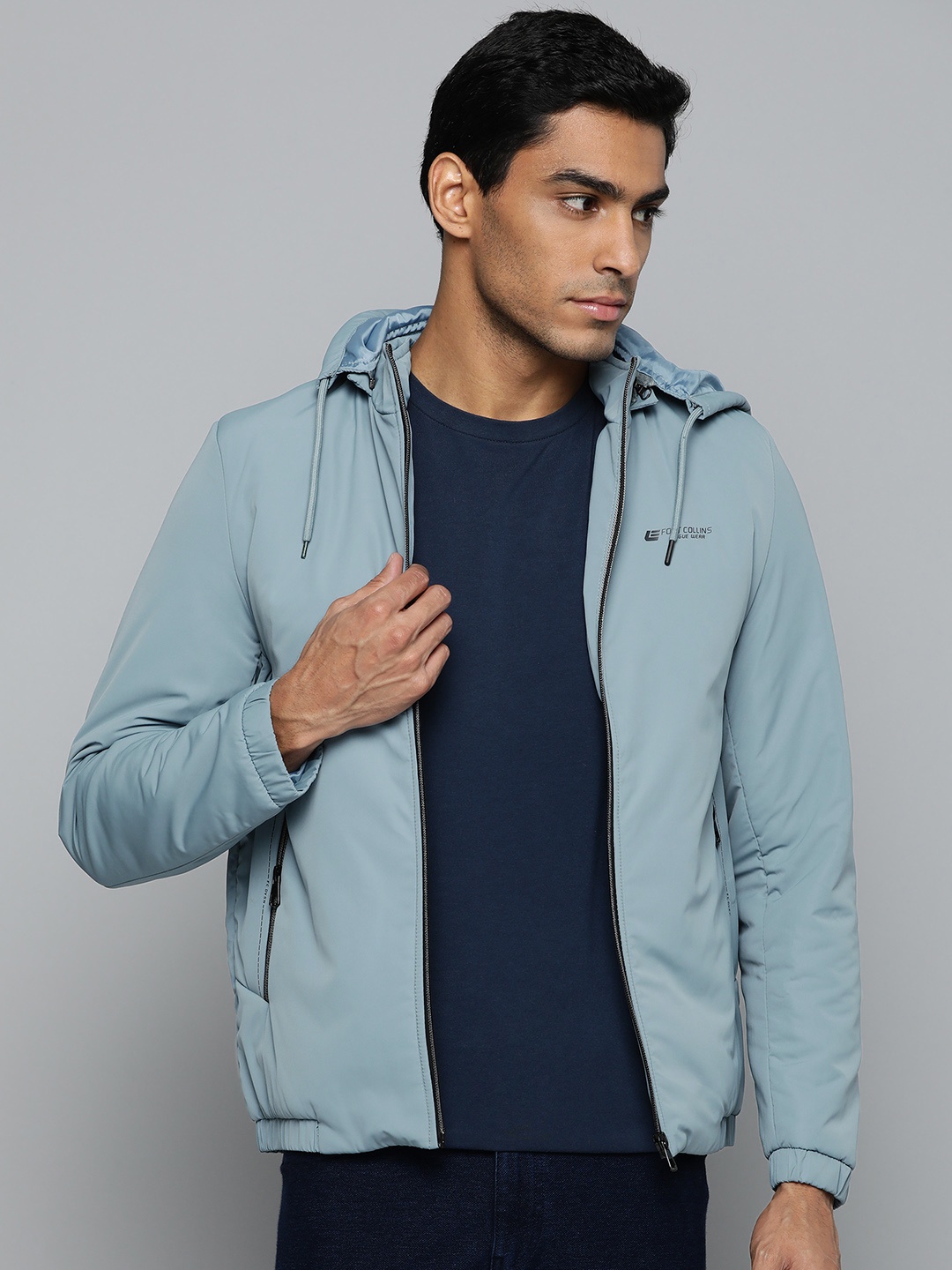 

Fort Collins Men Blue Solid Tailored Jacket With Detachable Hood