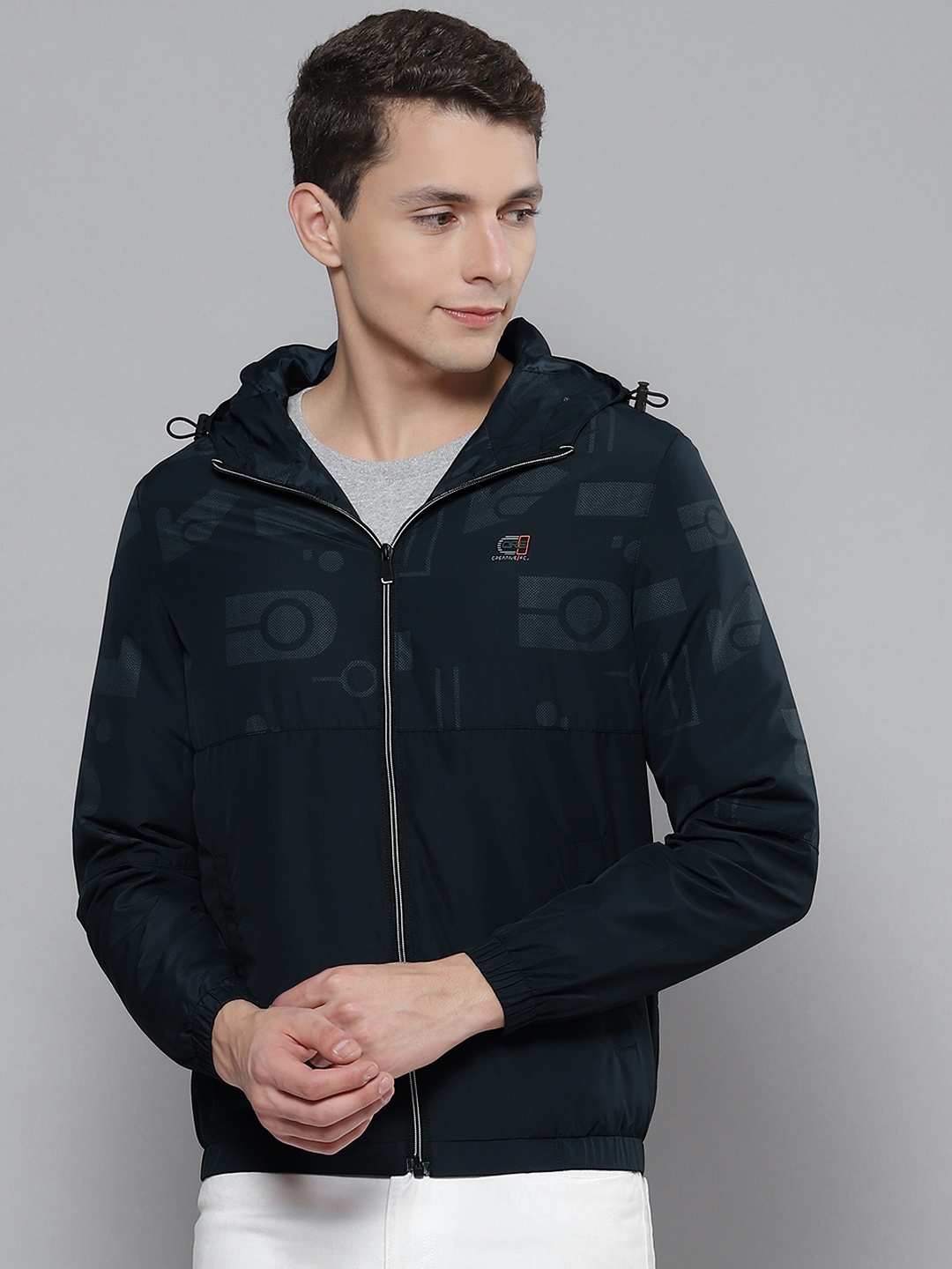 

Fort Collins Men Navy Blue Printed Hooded Tailored Jacket