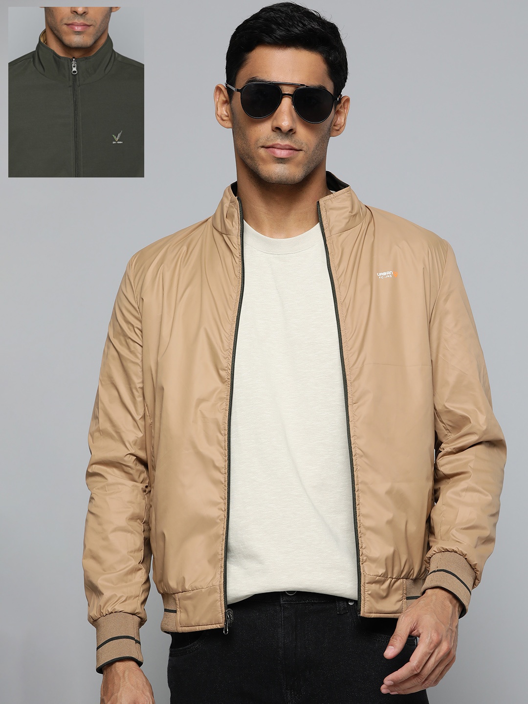 

Fort Collins Men Beige & Olive Green Solid Reversible Padded Jacket