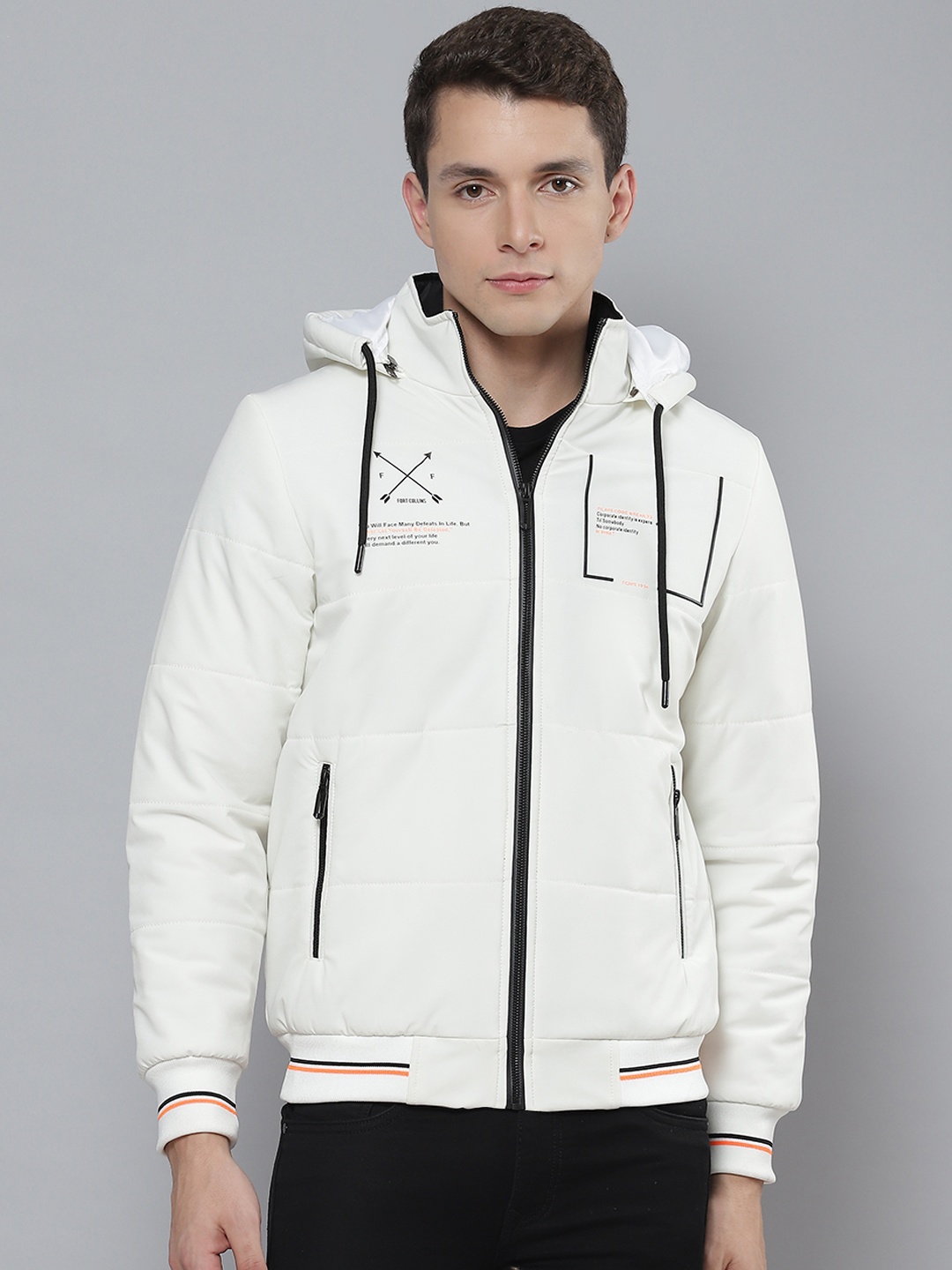 

Fort Collins Men Off-White Typography Printed Detachable Hood Bomber Jacket