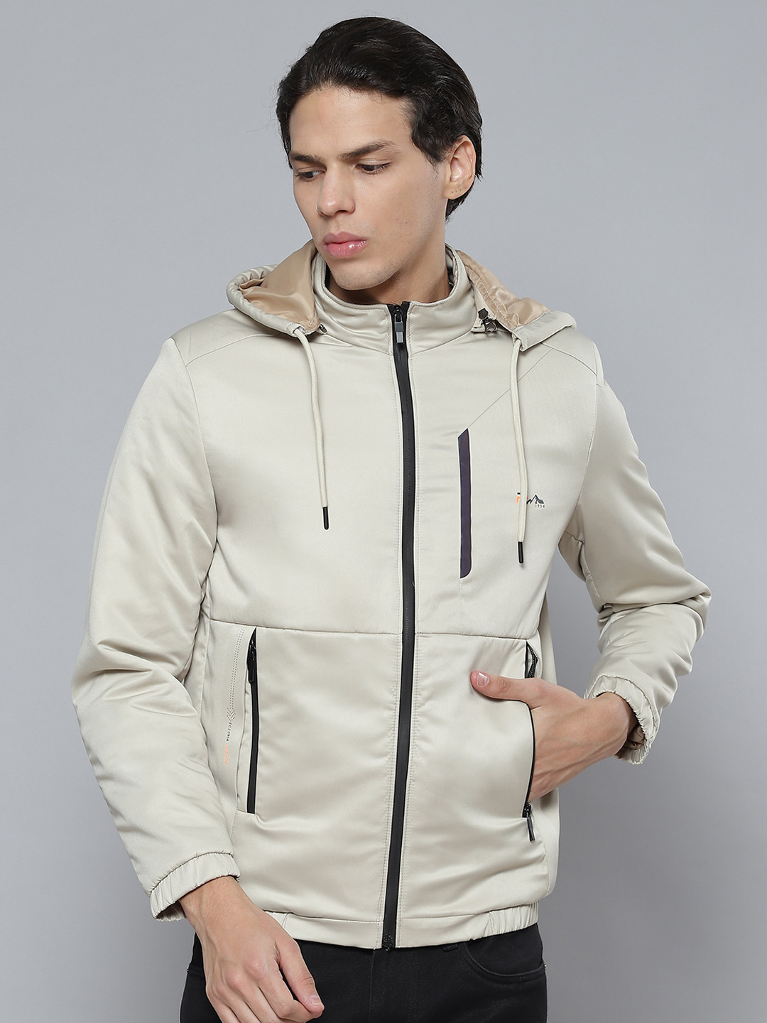 

Fort Collins Men Beige Solid Tailored Jacket with Detachable Hood