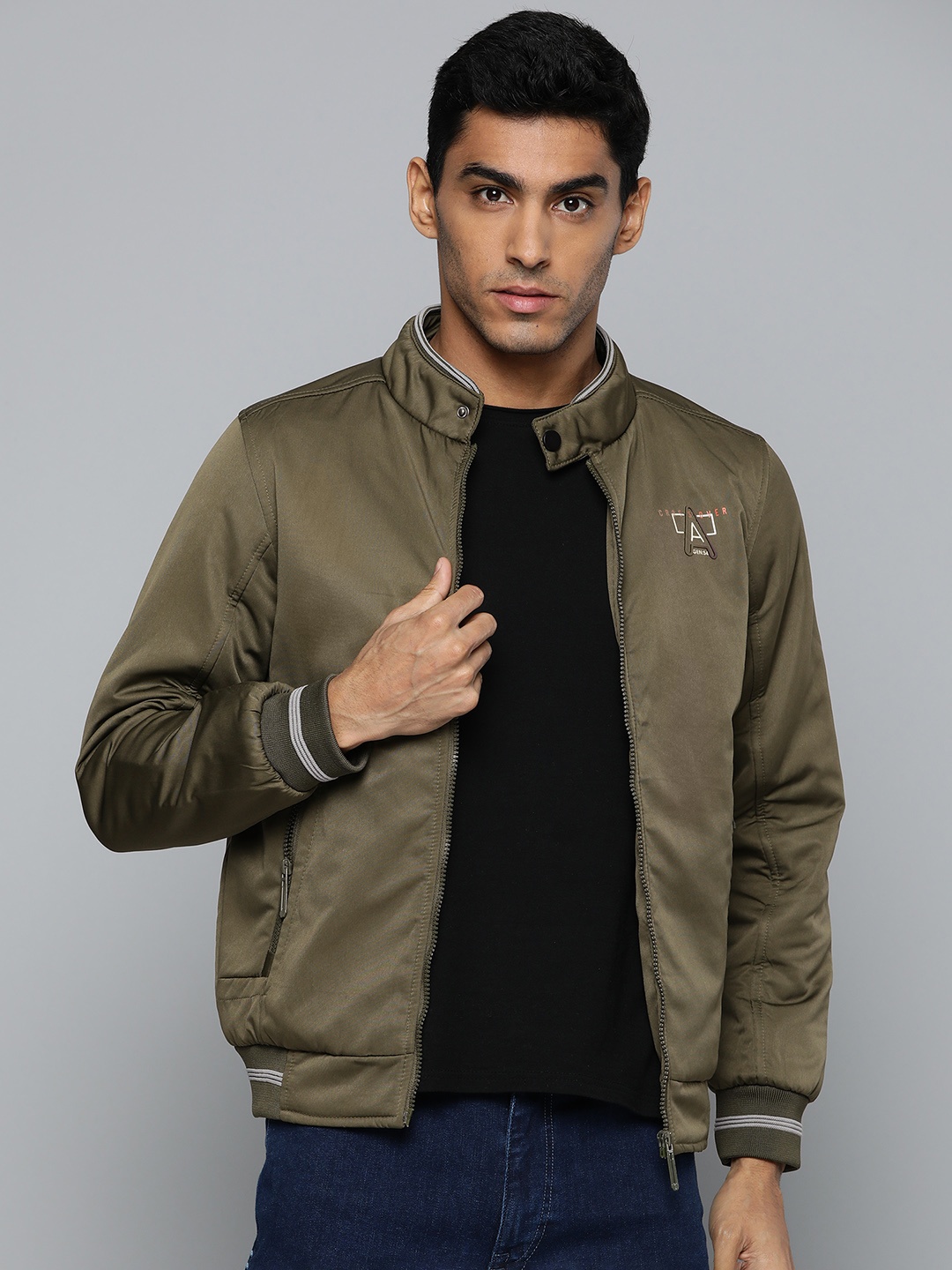 

Fort Collins Men Olive Green Solid Varsity Jacket