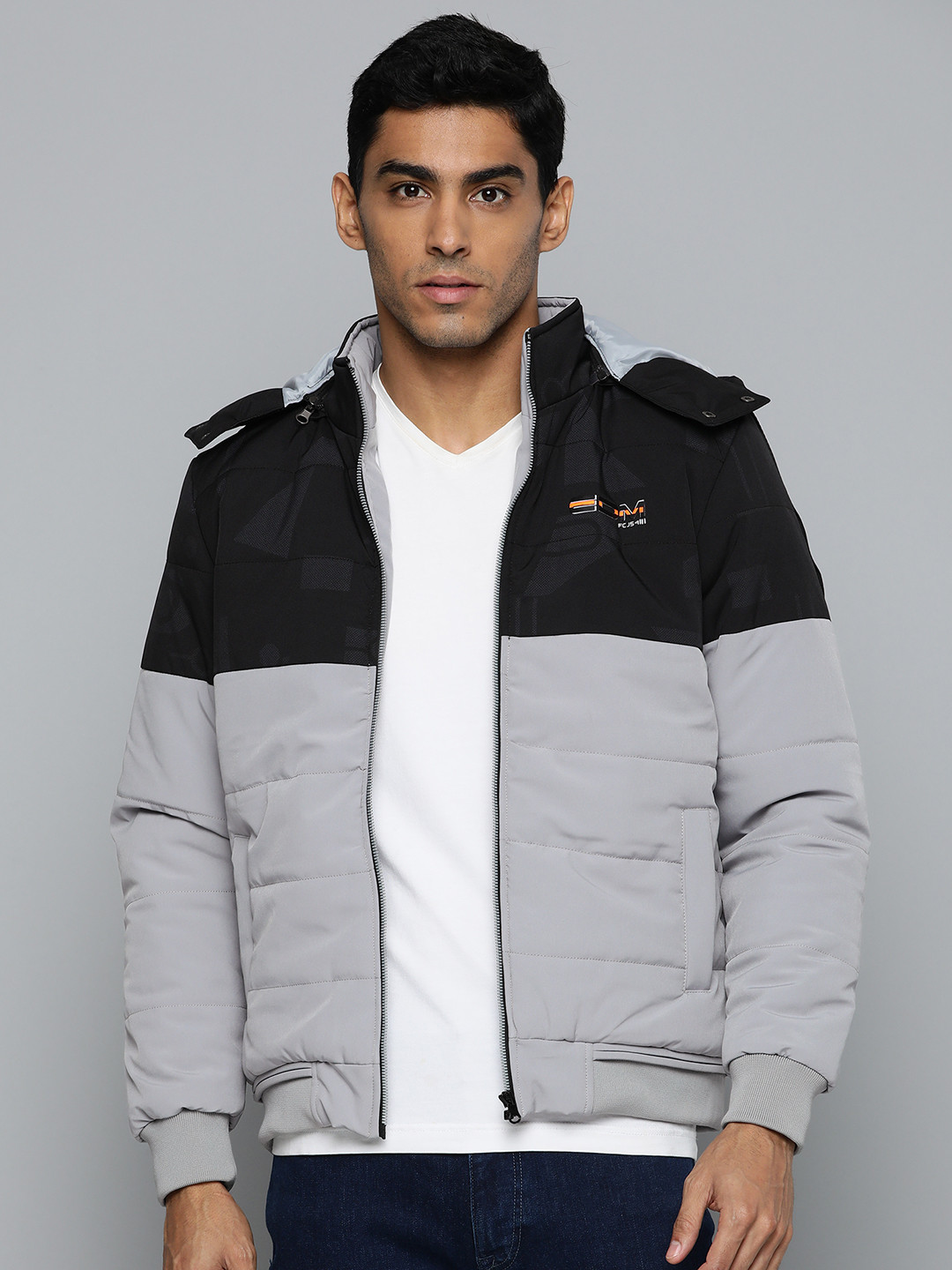 

Fort Collins Men Grey & Black Colourblocked Hooded Padded Jacket