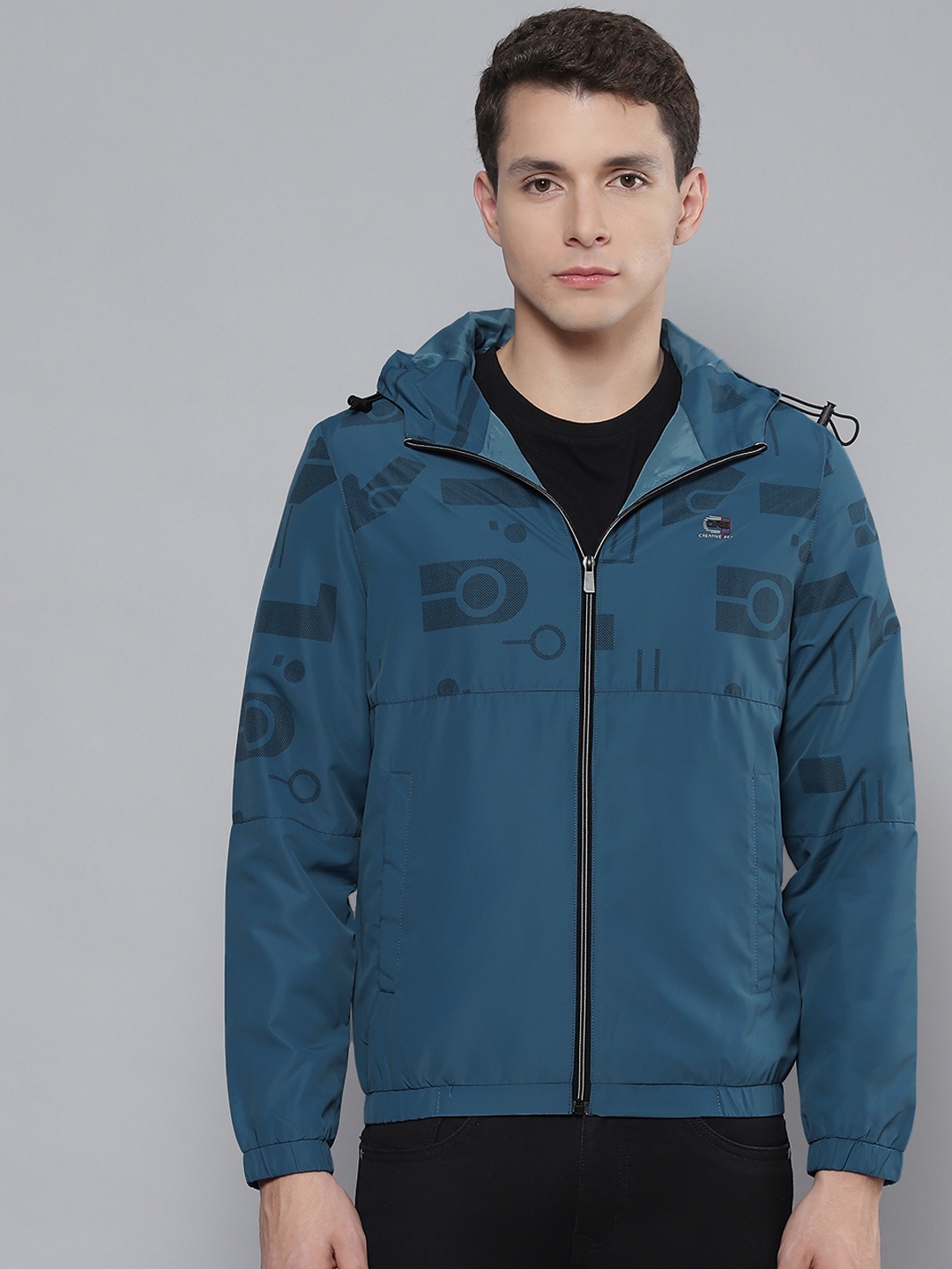 Fort Collins Men Blue Printed Hooded Tailored Jacket
