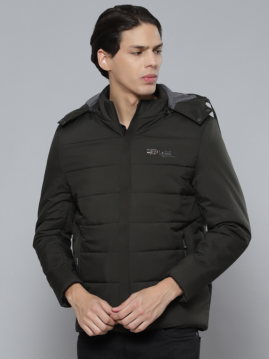 

Fort Collins Men Olive Green Solid Padded Jacket with Detachable Hood