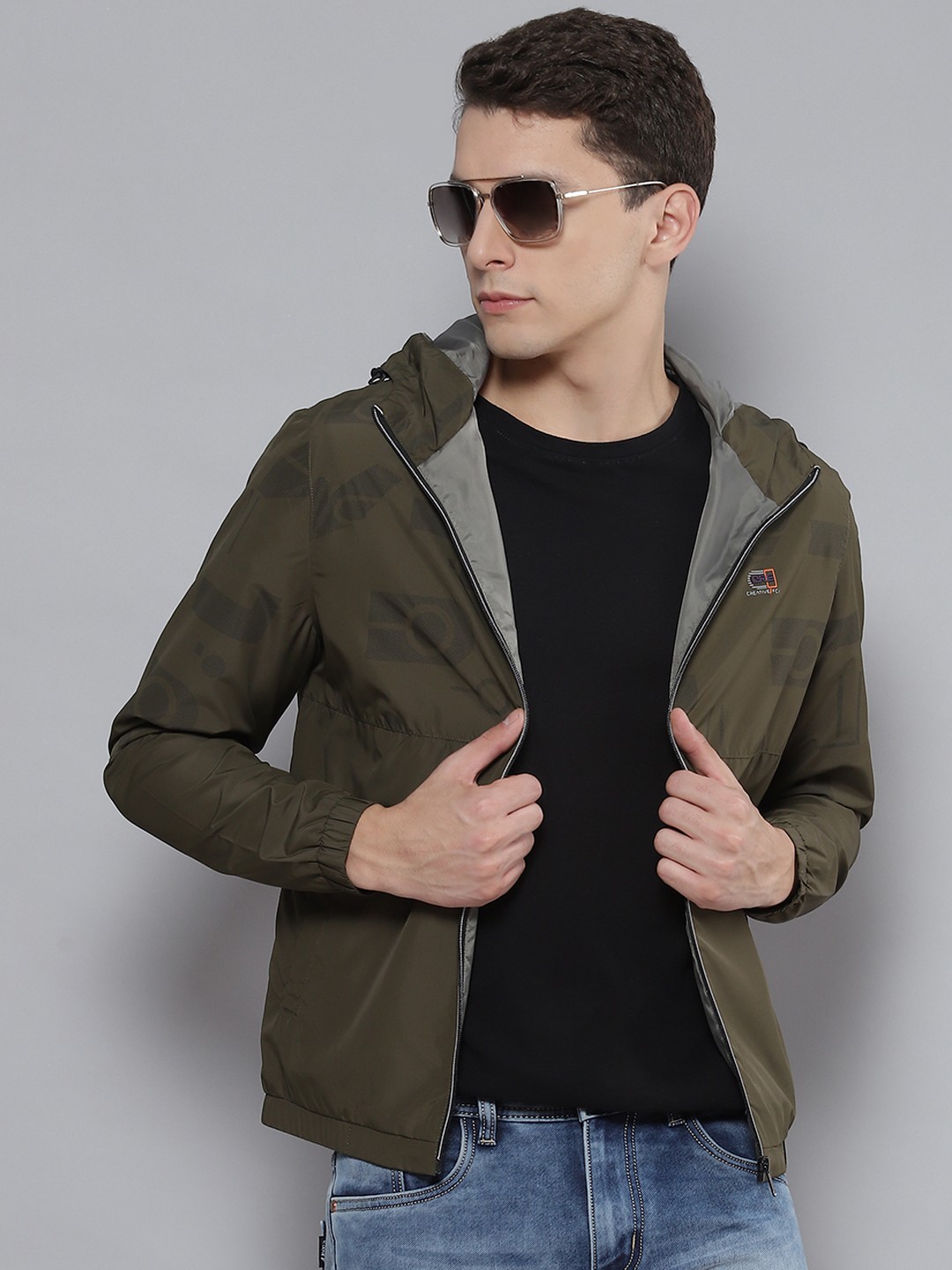 

Fort Collins Men Olive Green Printed Hooded Tailored Jacket