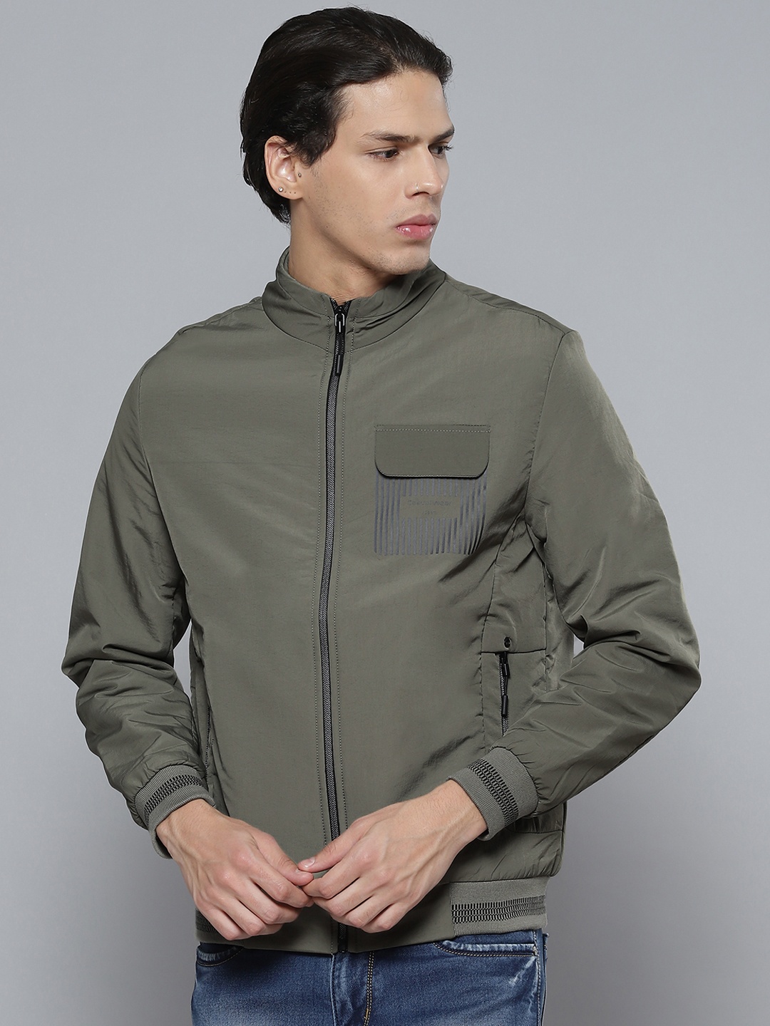 

Fort Collins Men Olive Green Mock Collar Tailored Jacket