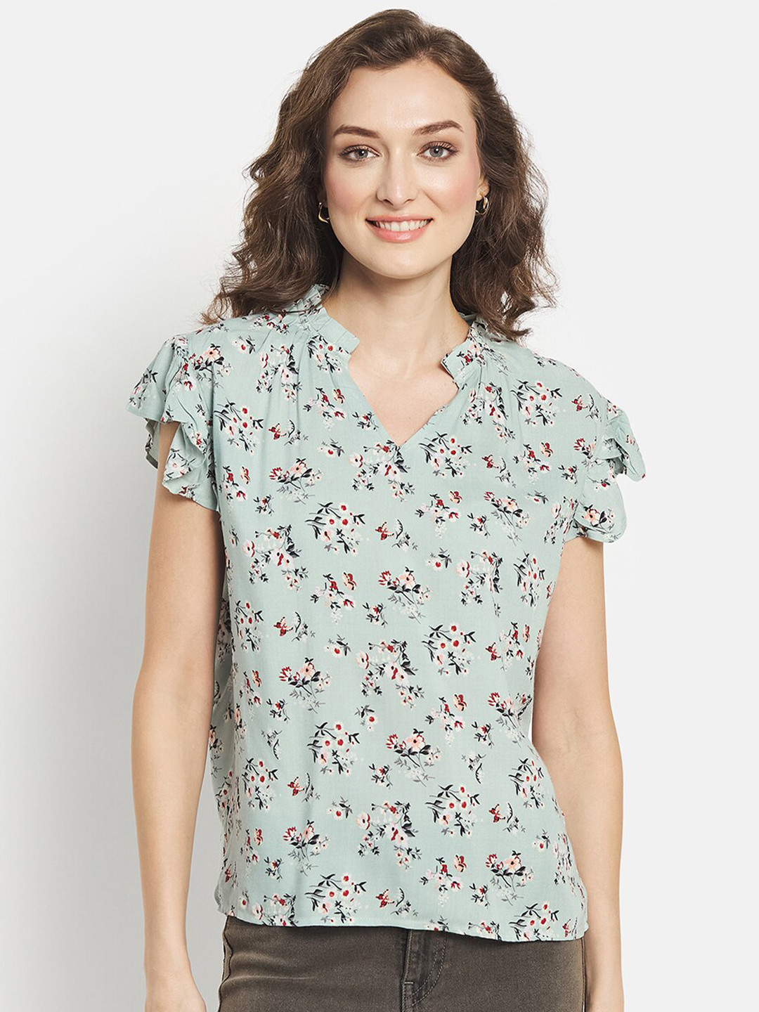 

METTLE Womens Green Floral Print Mandarin Collar Top