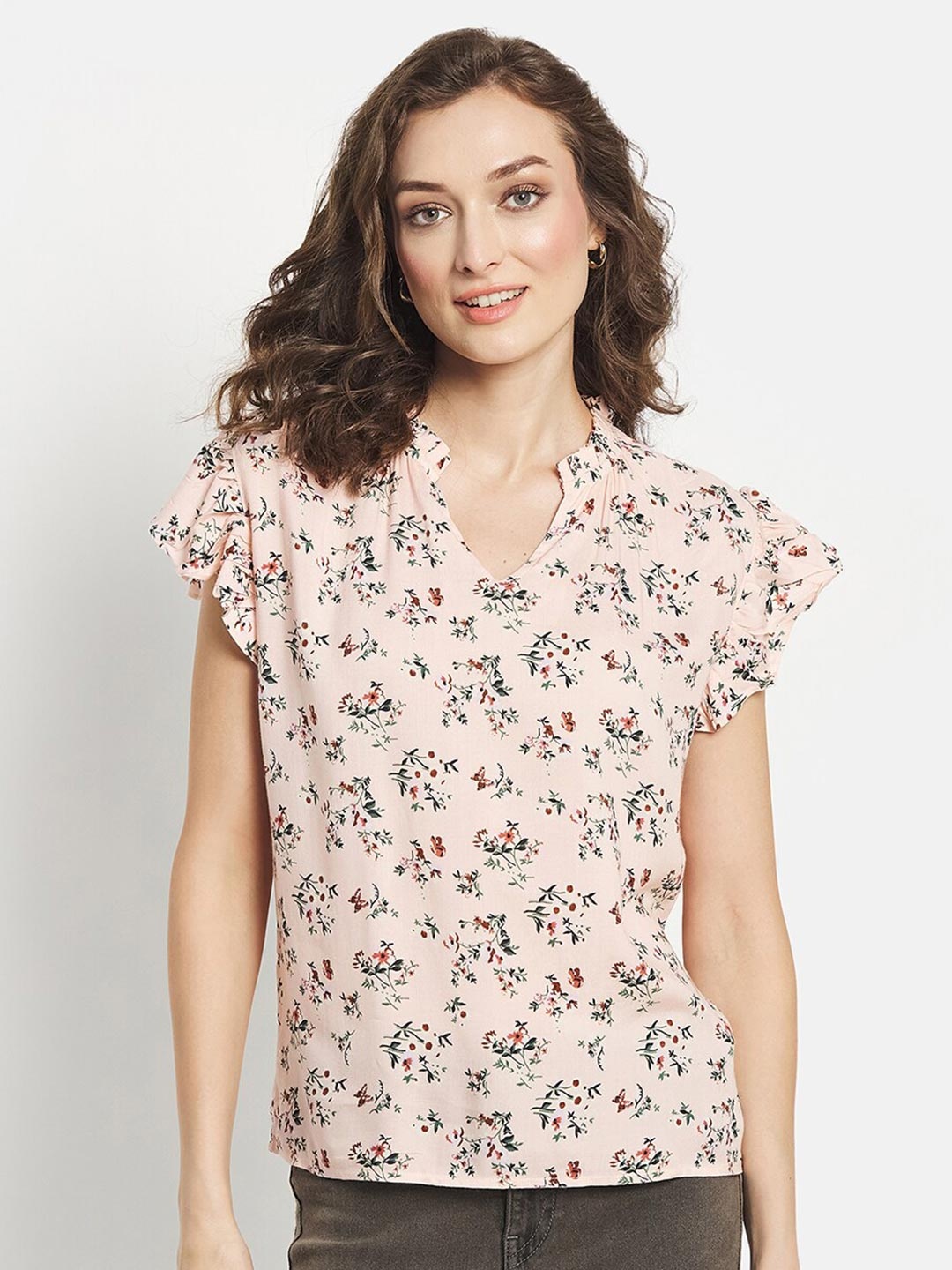 

METTLE Women Pink Floral Printed Flutter Sleeves Top