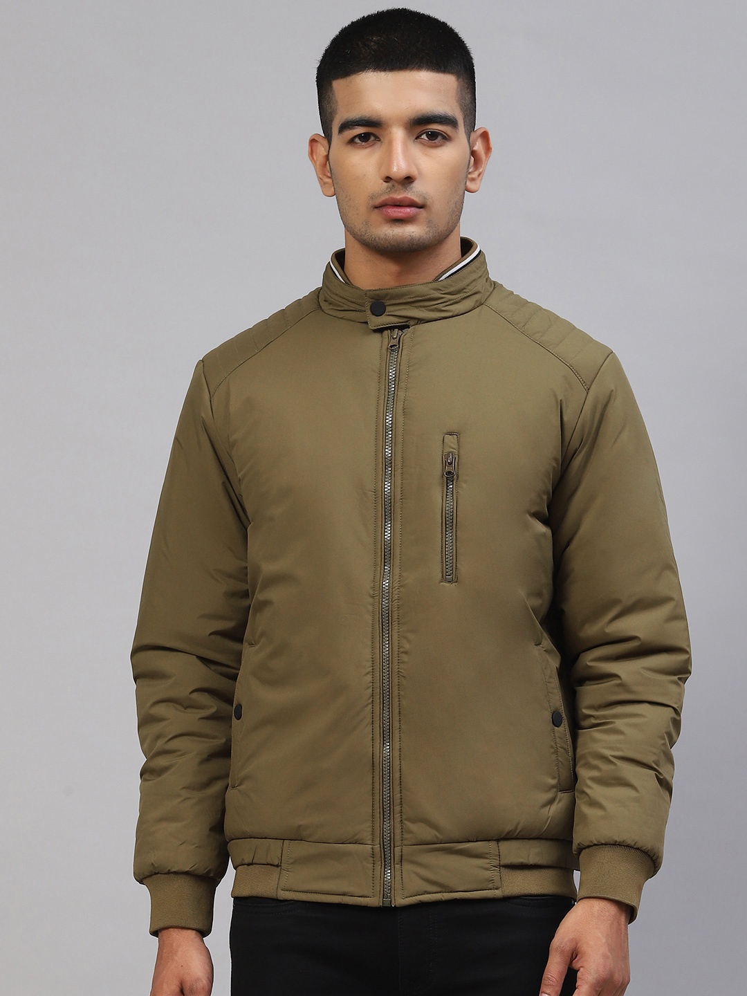 

Foreign Culture By Fort Collins Men Olive Green Solid Bomber Jacket