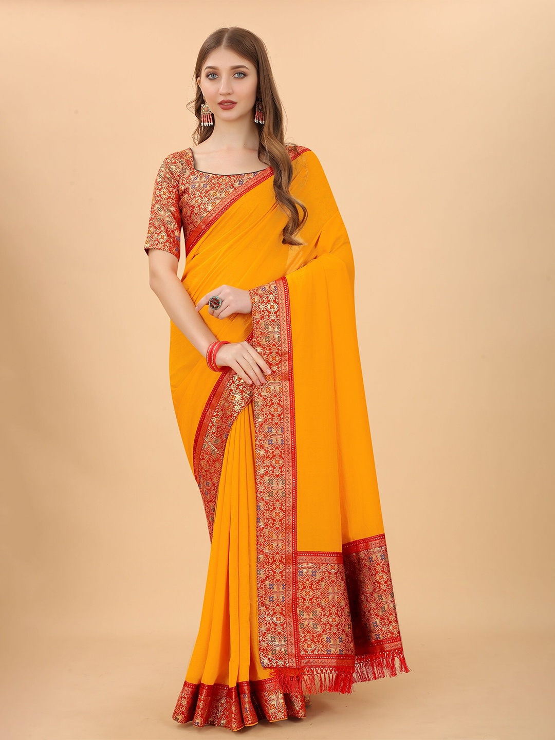 

KALINI Yellow & Red Pure Silk Saree