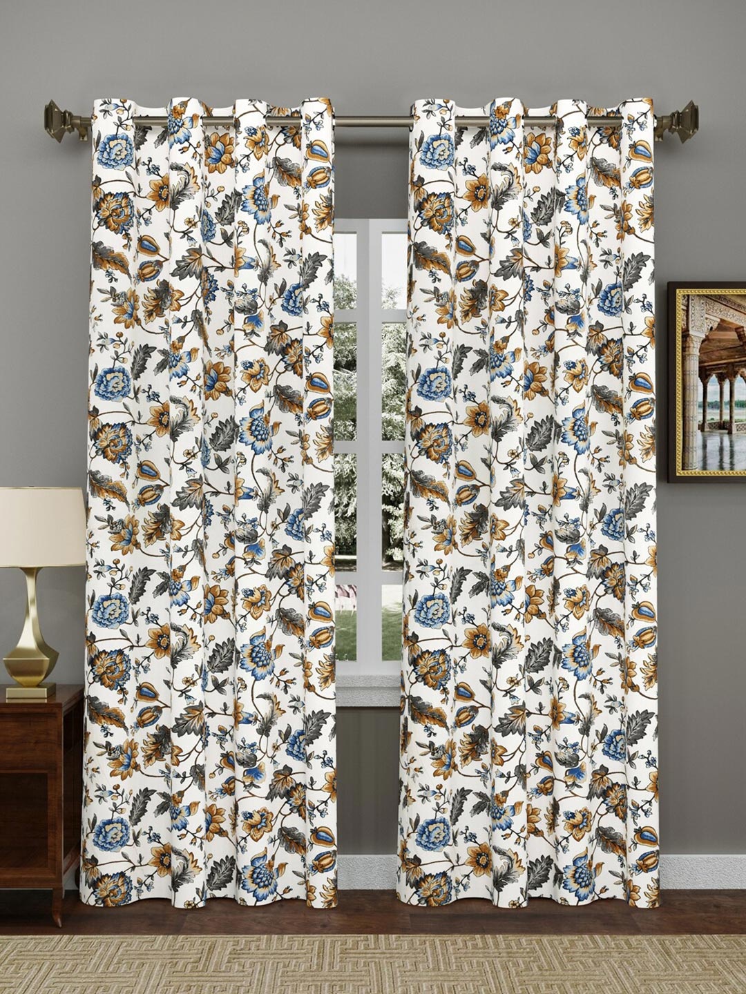 

Gulaab Jaipur White & Grey Set of 2 Floral Door Curtain