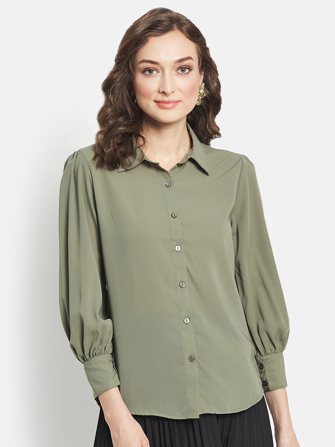

METTLE Women Olive Green Regular Fit Casual Shirt