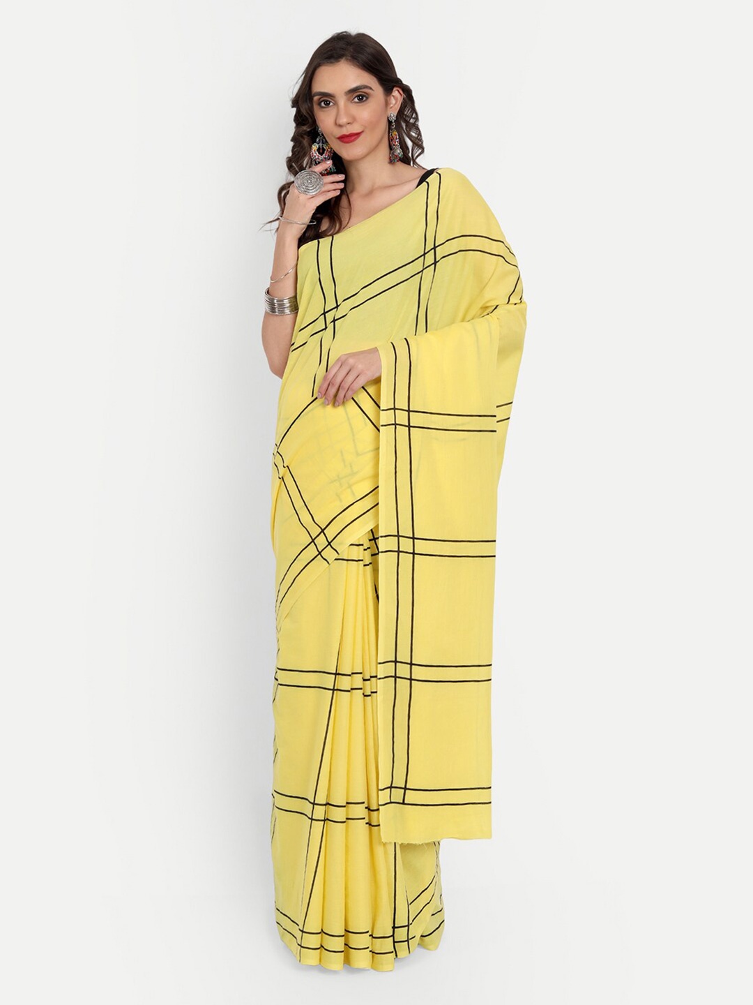 

BUTA BUTI Yellow & Black Checked Pure Cotton Saree