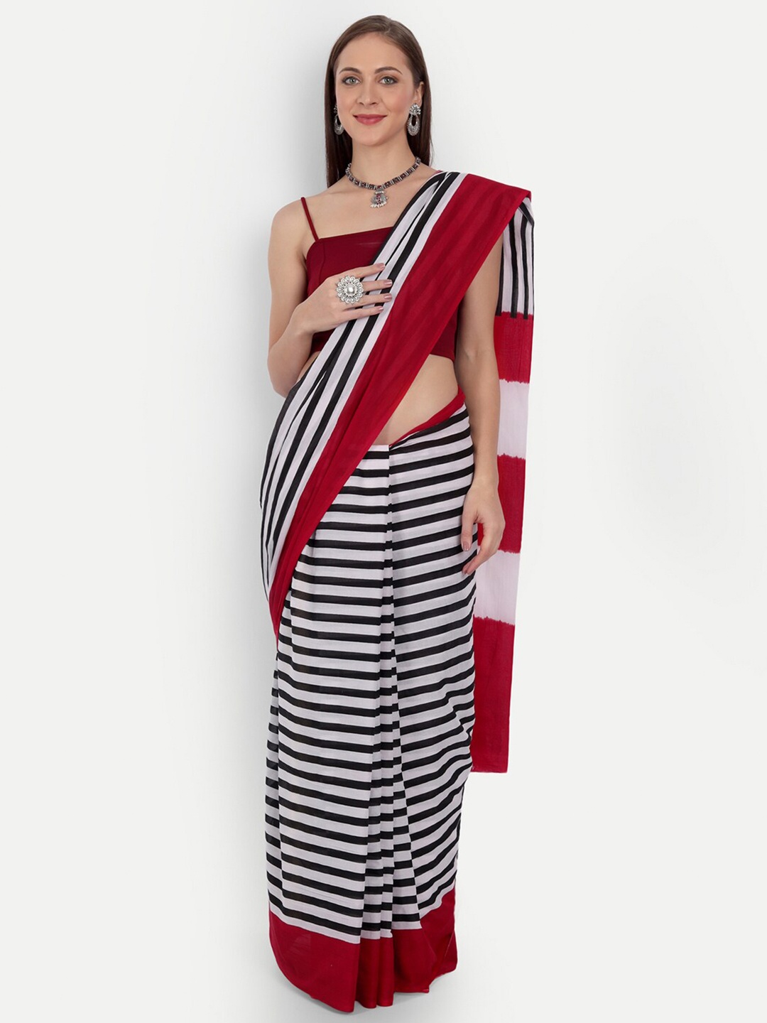 

BUTA BUTI Black & Red Striped Pure Cotton Saree
