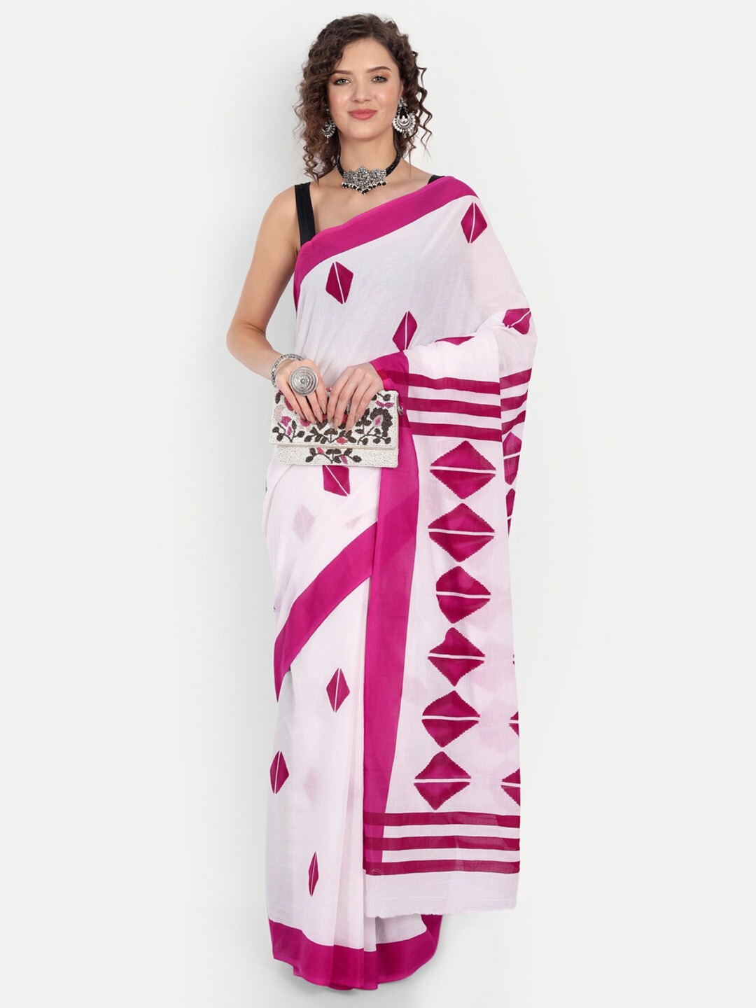 

BUTA BUTI White & Pink Printed Paisley Pure Cotton Saree