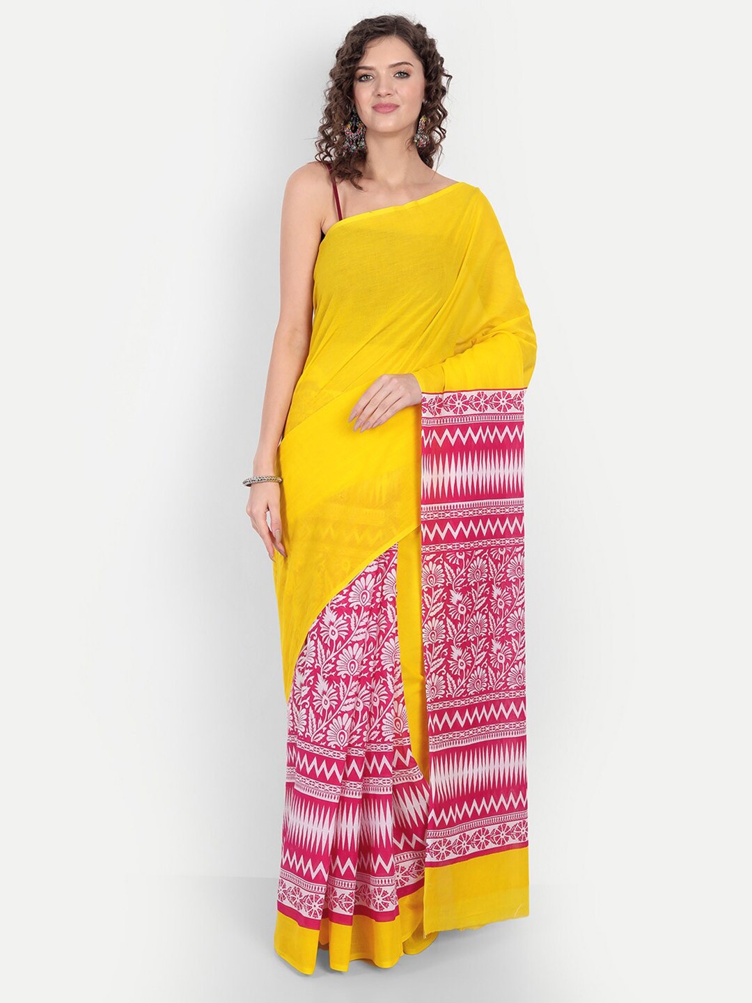 

BUTA BUTI Yellow & Pink Floral Pure Cotton Saree