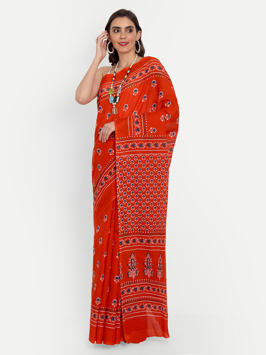 

BUTA BUTI Orange Floral Pure Cotton Ready to Wear Saree