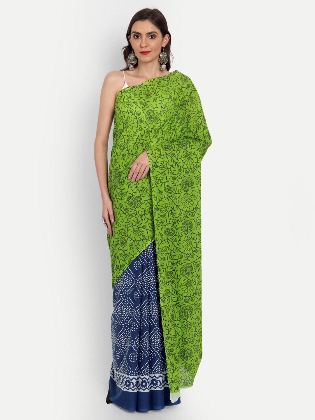 

BUTA BUTI Green & Navy Blue Floral Pure Cotton Saree