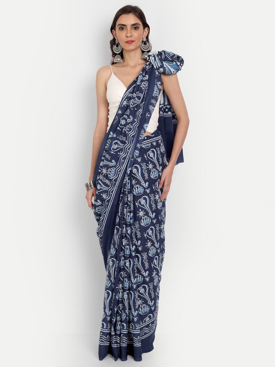 BUTA BUTI Blue & White Ethnic Motifs Pure Cotton Saree