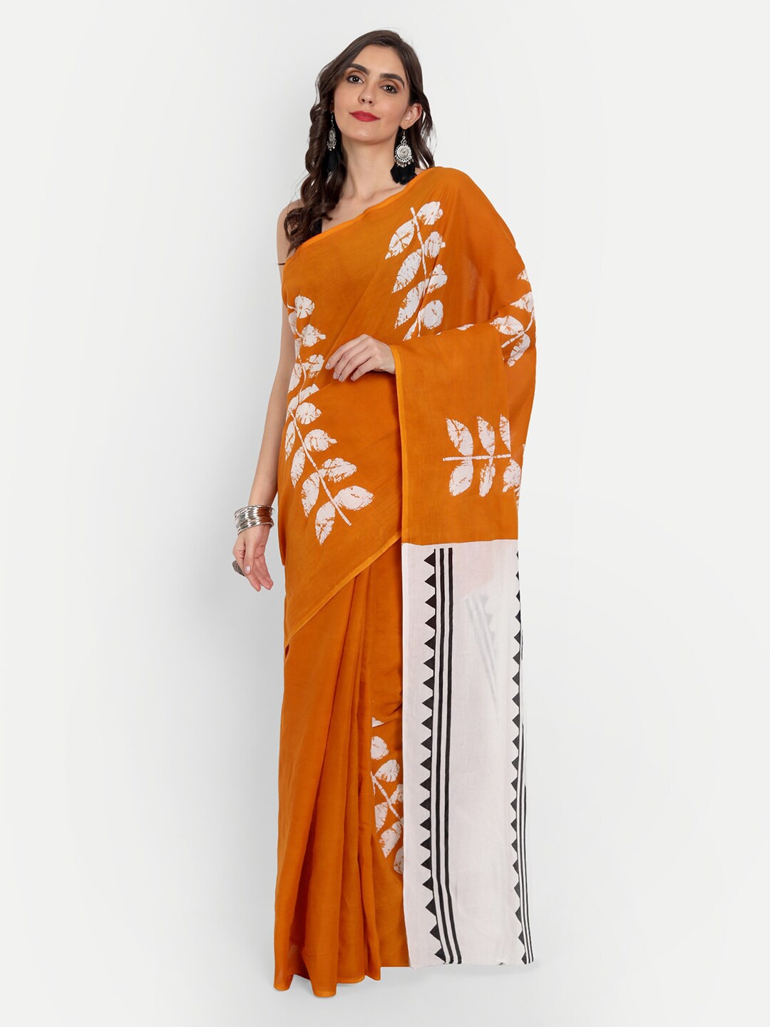 

BUTA BUTI Orange & White Ethnic Motifs Pure Cotton Ready to Wear Saree